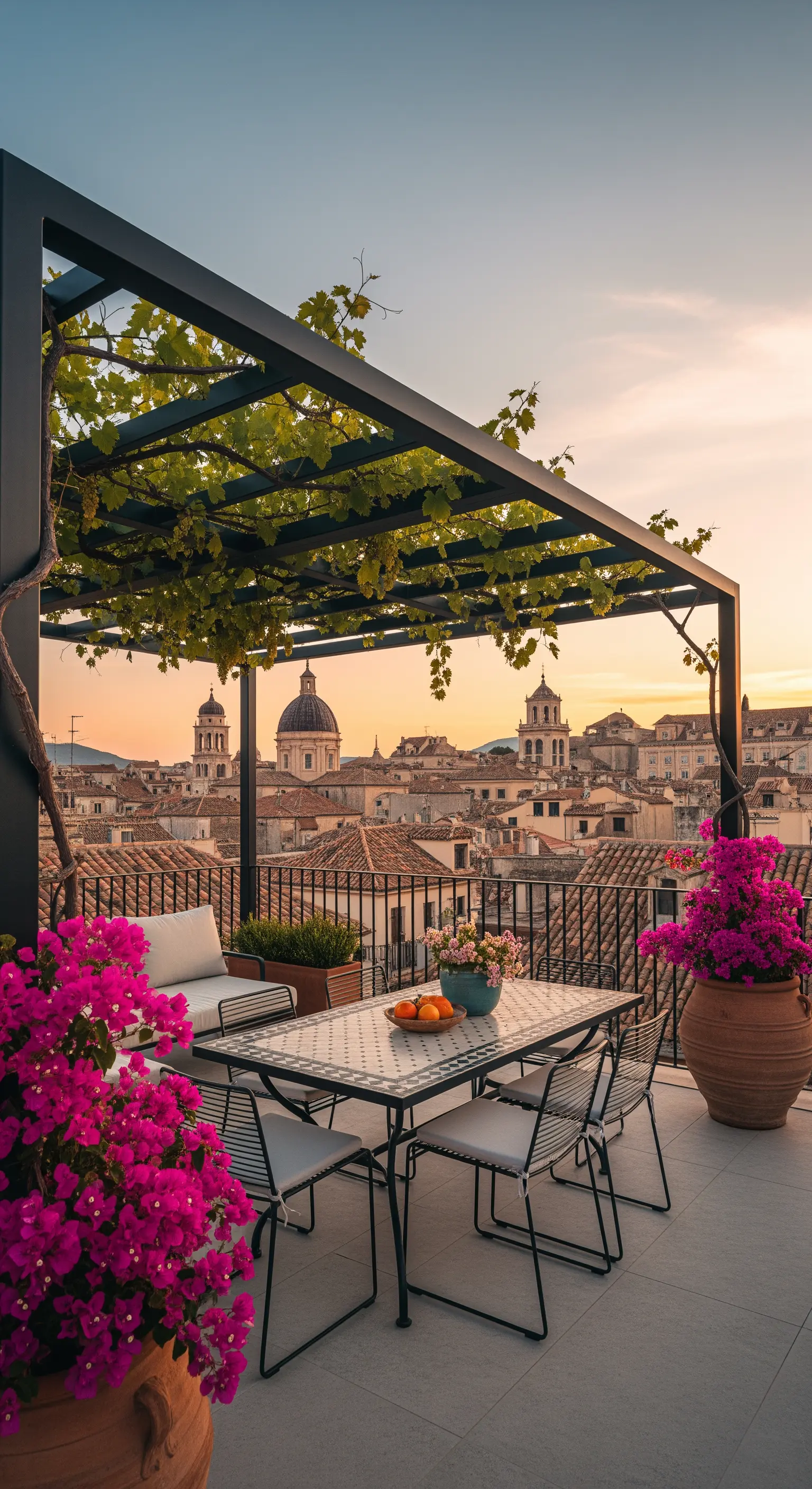 Terrazza moderna con pergola nera, tavolo in mosaico e vista sui tetti di Roma