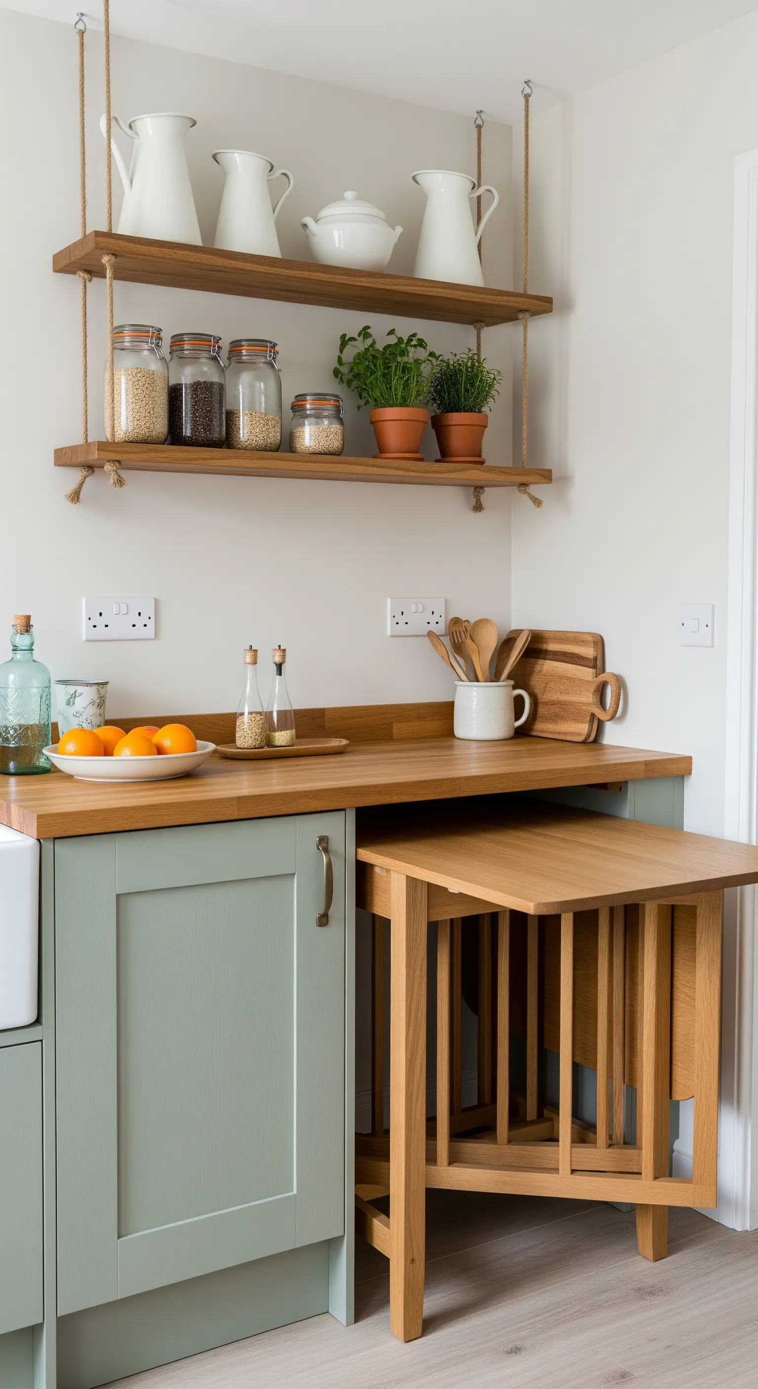 Cucina color salvia con un tavolo pieghevole in legno riposto sotto il piano di lavoro.