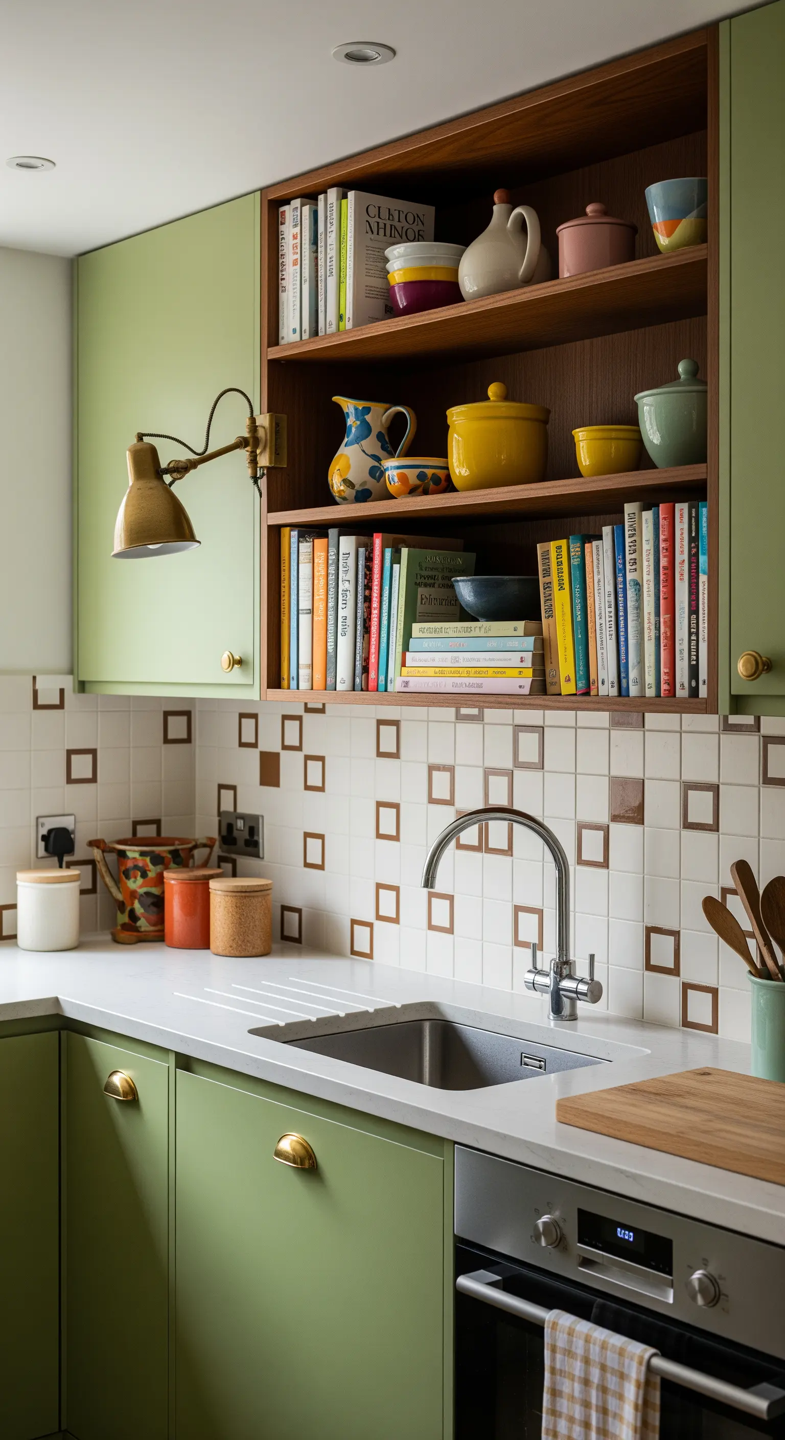 Cucina verde salvia con una libreria in legno integrata piena di libri e ceramiche.