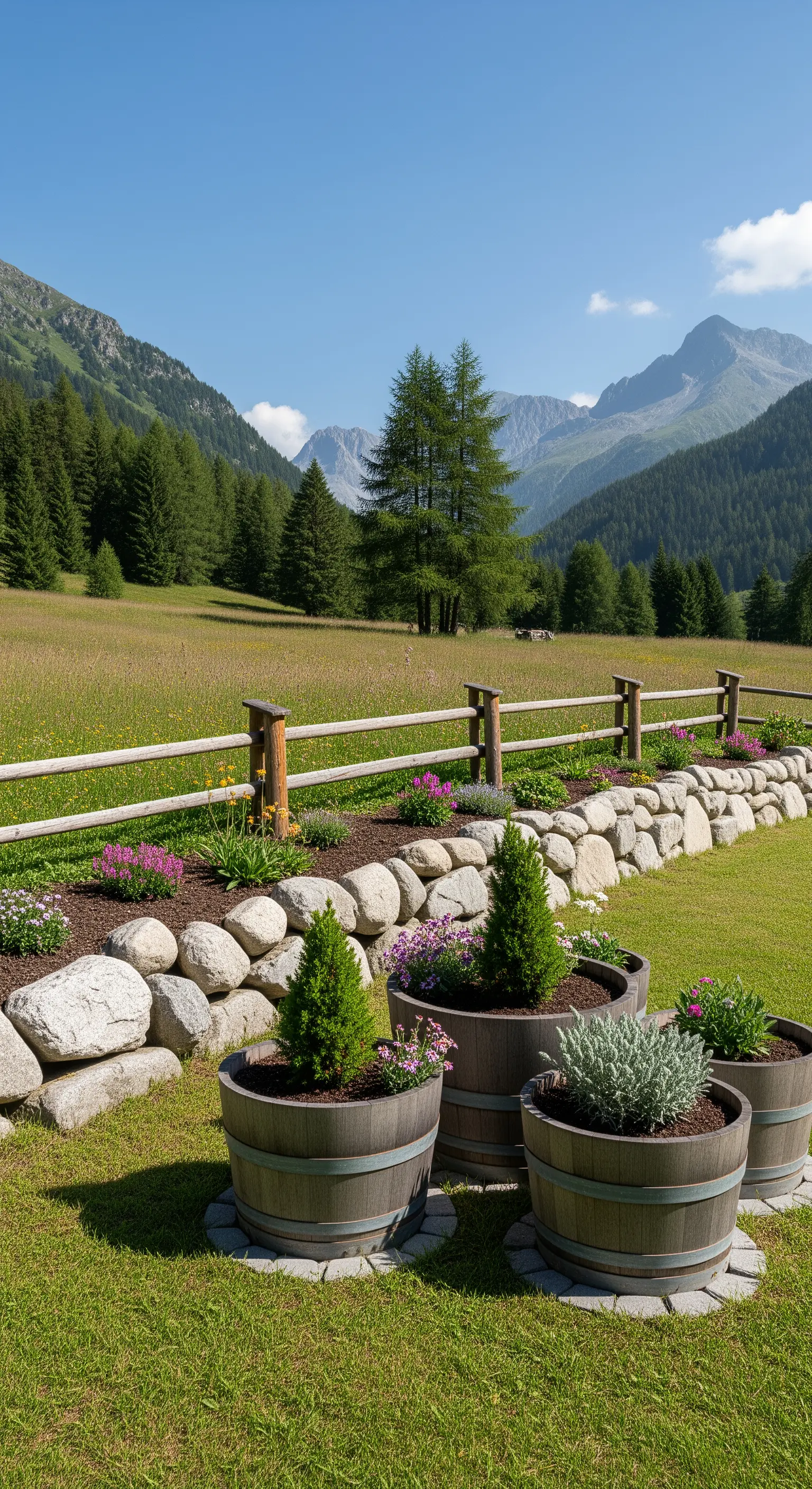 Fioriere a botte con piccole conifere e fiori alpini in un paesaggio di montagna.