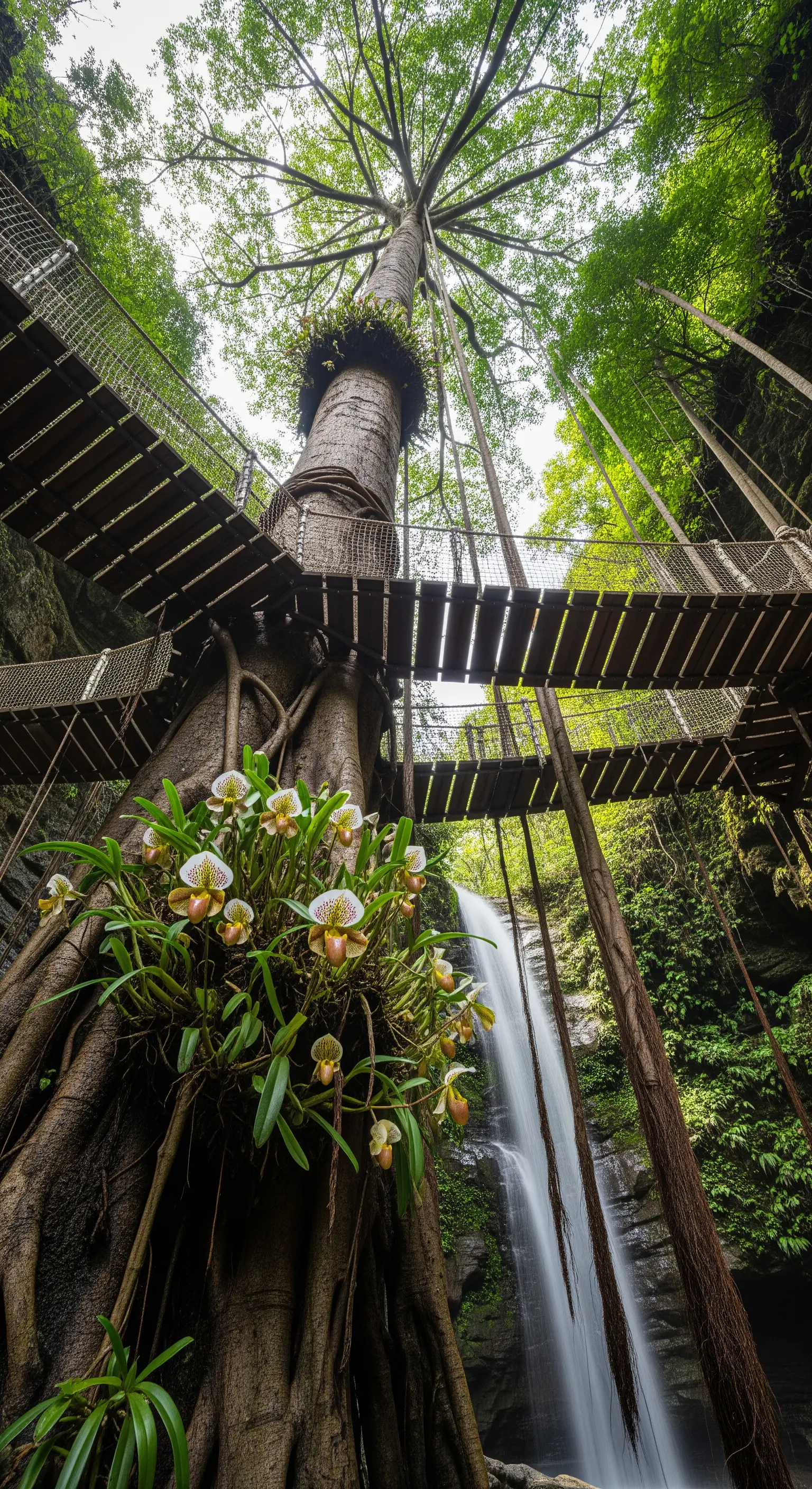 Passerelle sospese in legno avvolte attorno a un albero secolare con orchidee.
