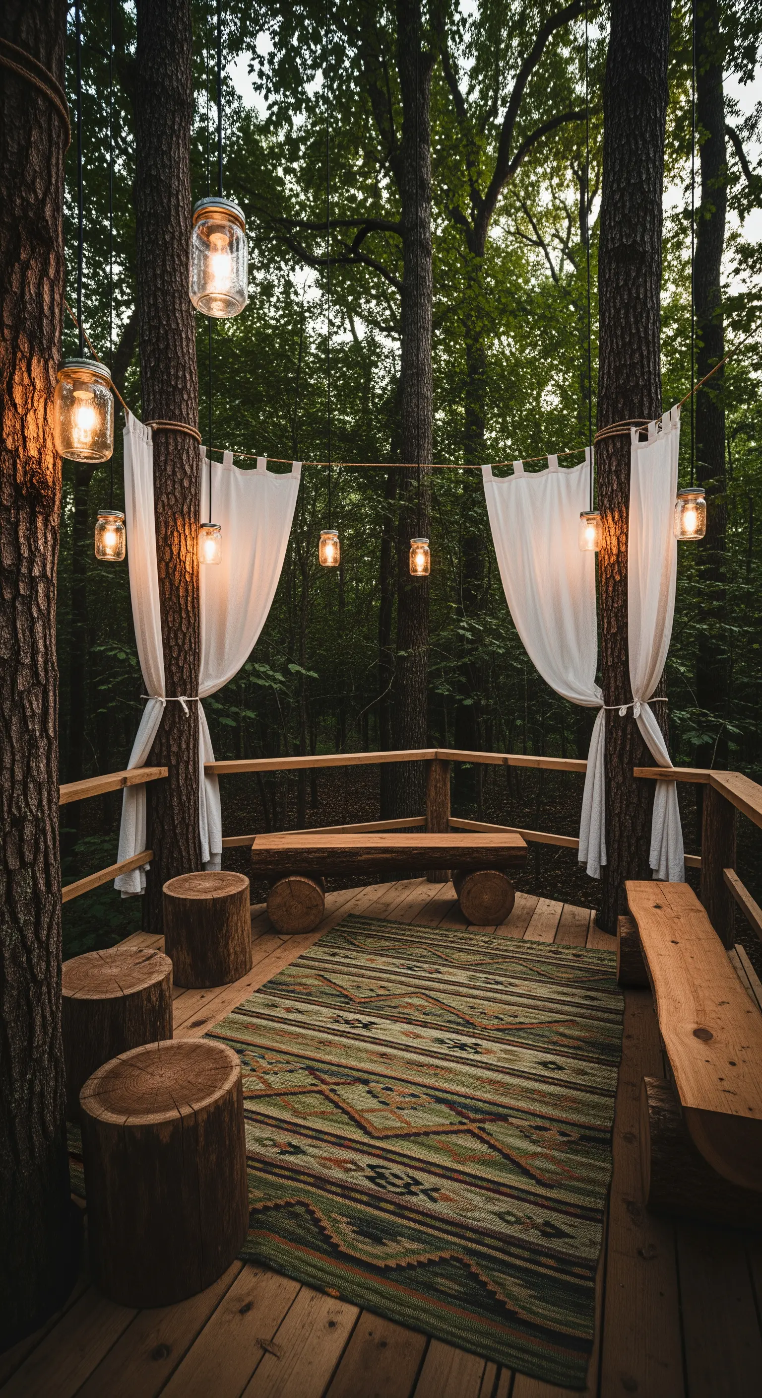 Patio nel bosco con panche in legno grezzo, ceppi come sgabelli e luci in barattoli di vetro.