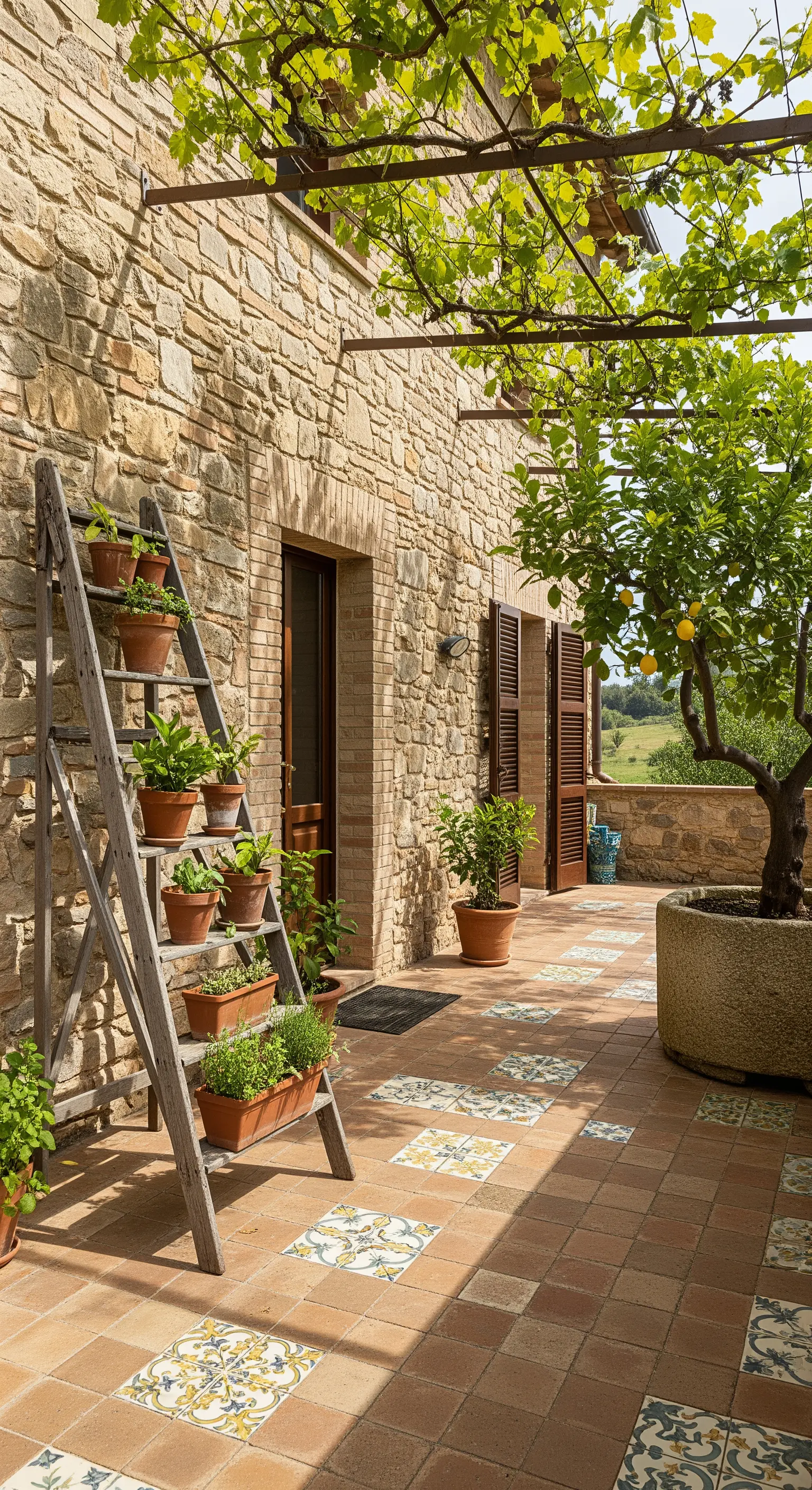 Scala a pioli in legno usata come fioriera contro un muro di pietra, su un patio in cotto