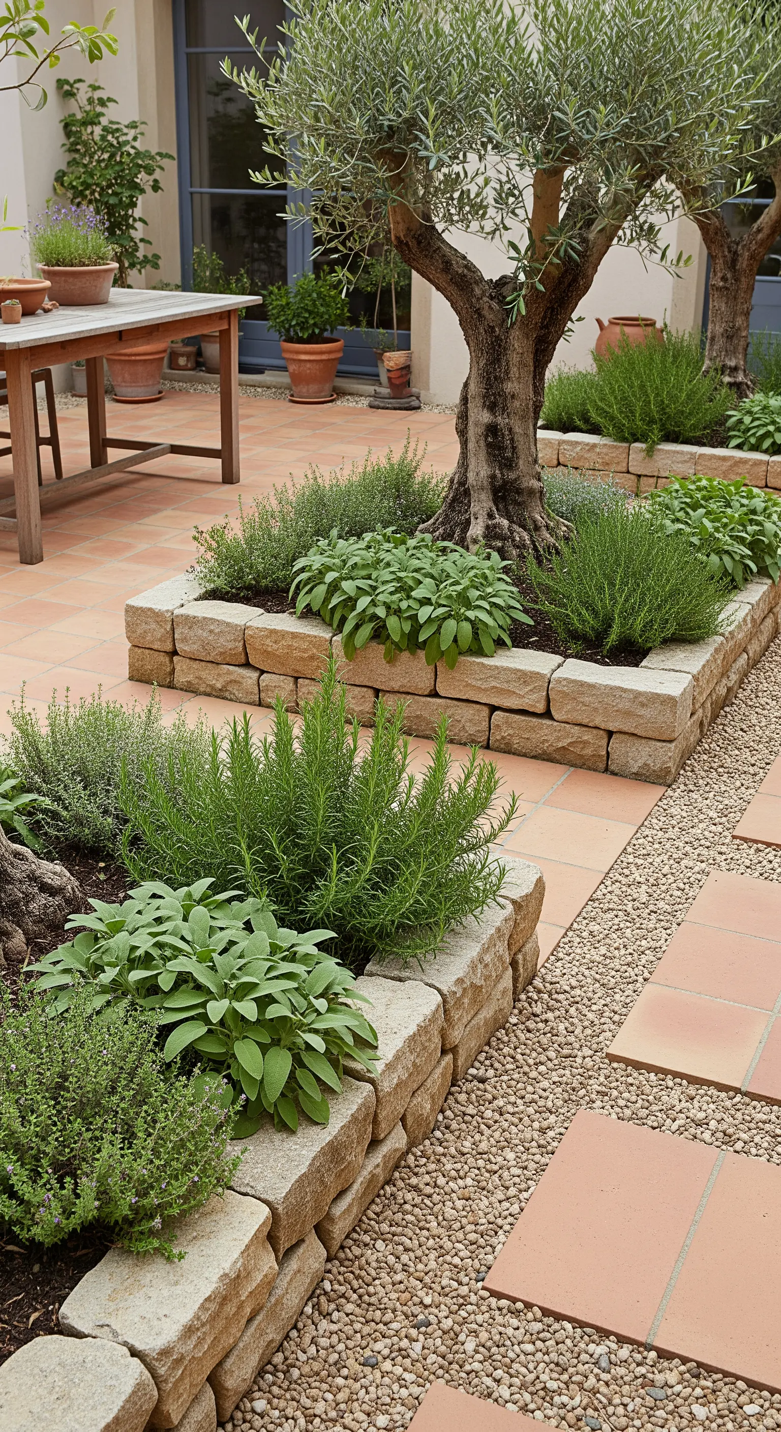 Aiuole rialzate in pietra con erbe aromatiche integrate in un patio in cotto.