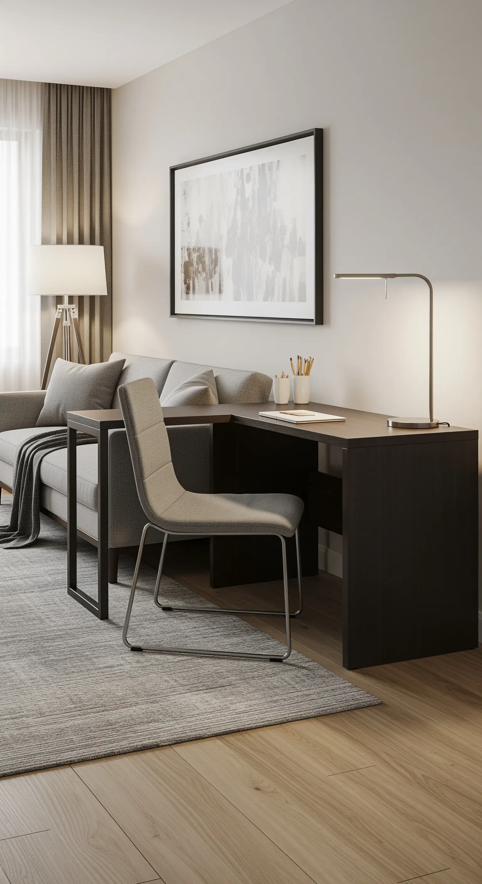 Scrivania a L scura posizionata dietro a un divano grigio in un soggiorno.