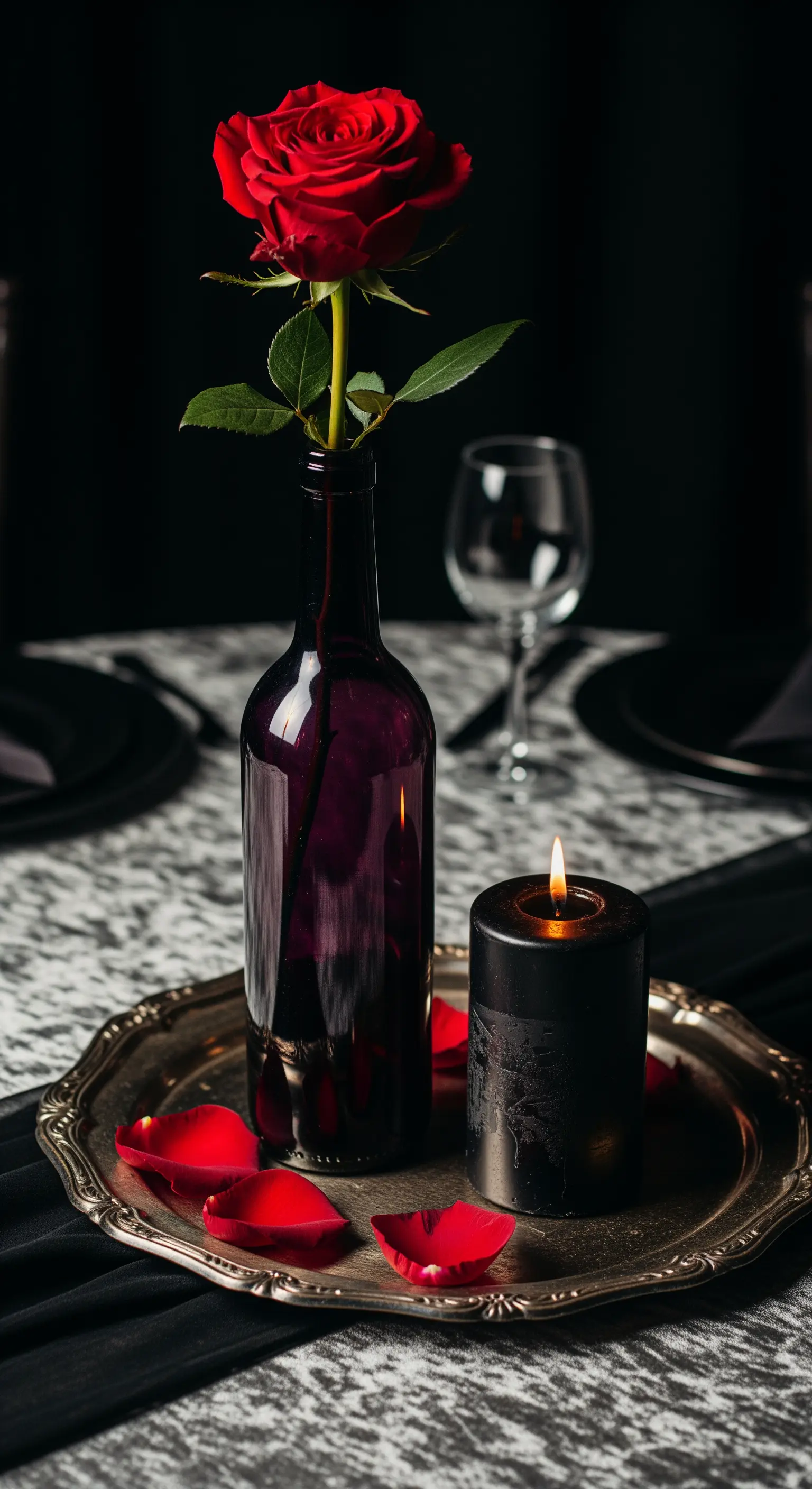 Composizione drammatica con una rosa rossa in una bottiglia scura e una candela nera.
