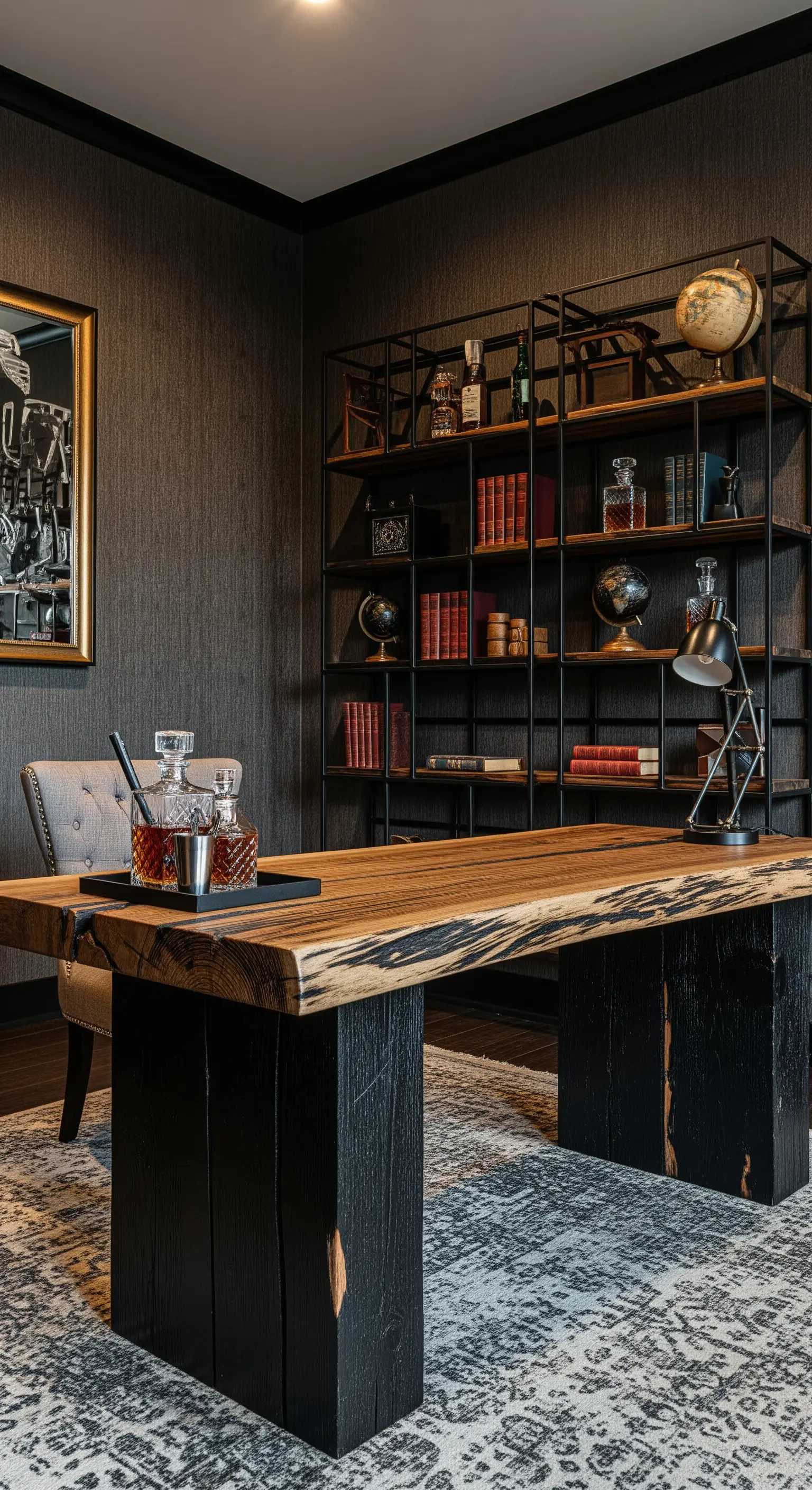 Studio scuro e maschile con scrivania massiccia in legno nero e libreria con caraffe di cristallo.