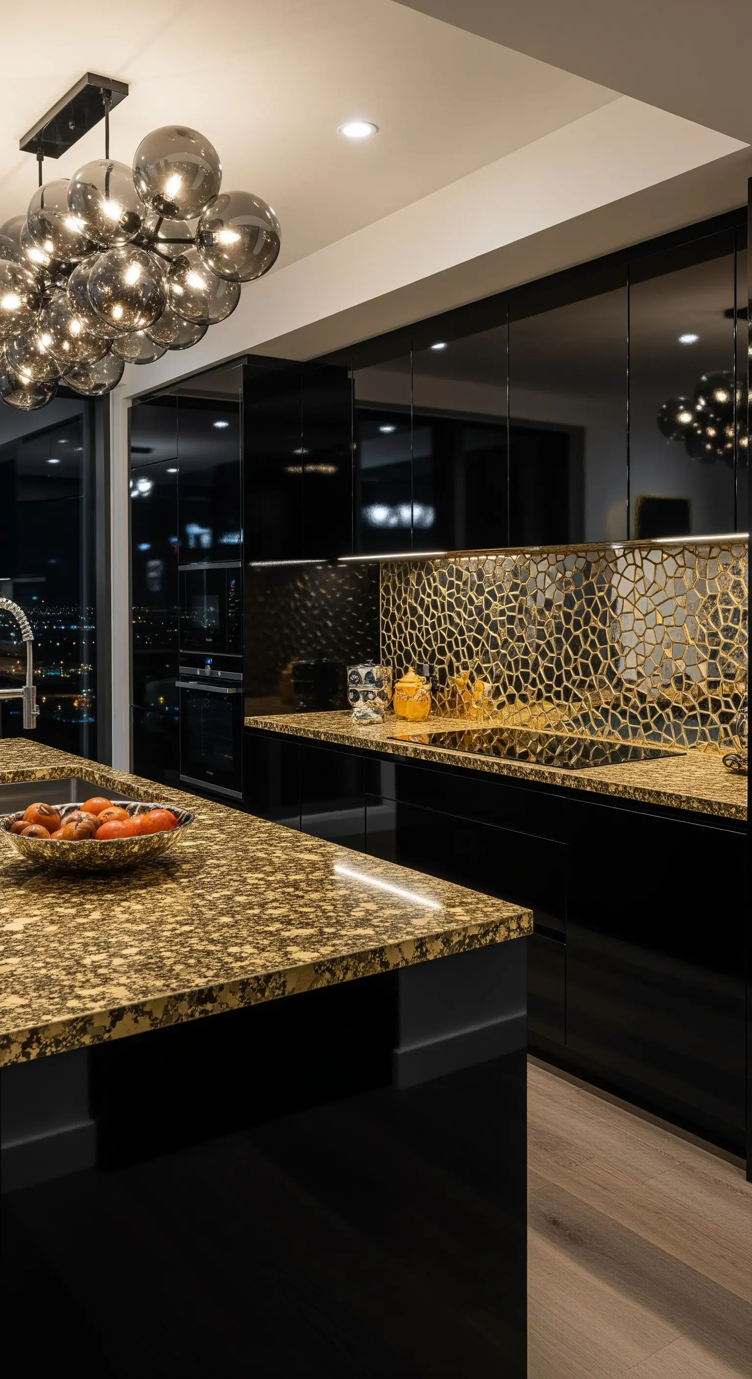 Cucina di lusso con mobili neri, piano di lavoro in granito dorato e paraschizzi metallico.