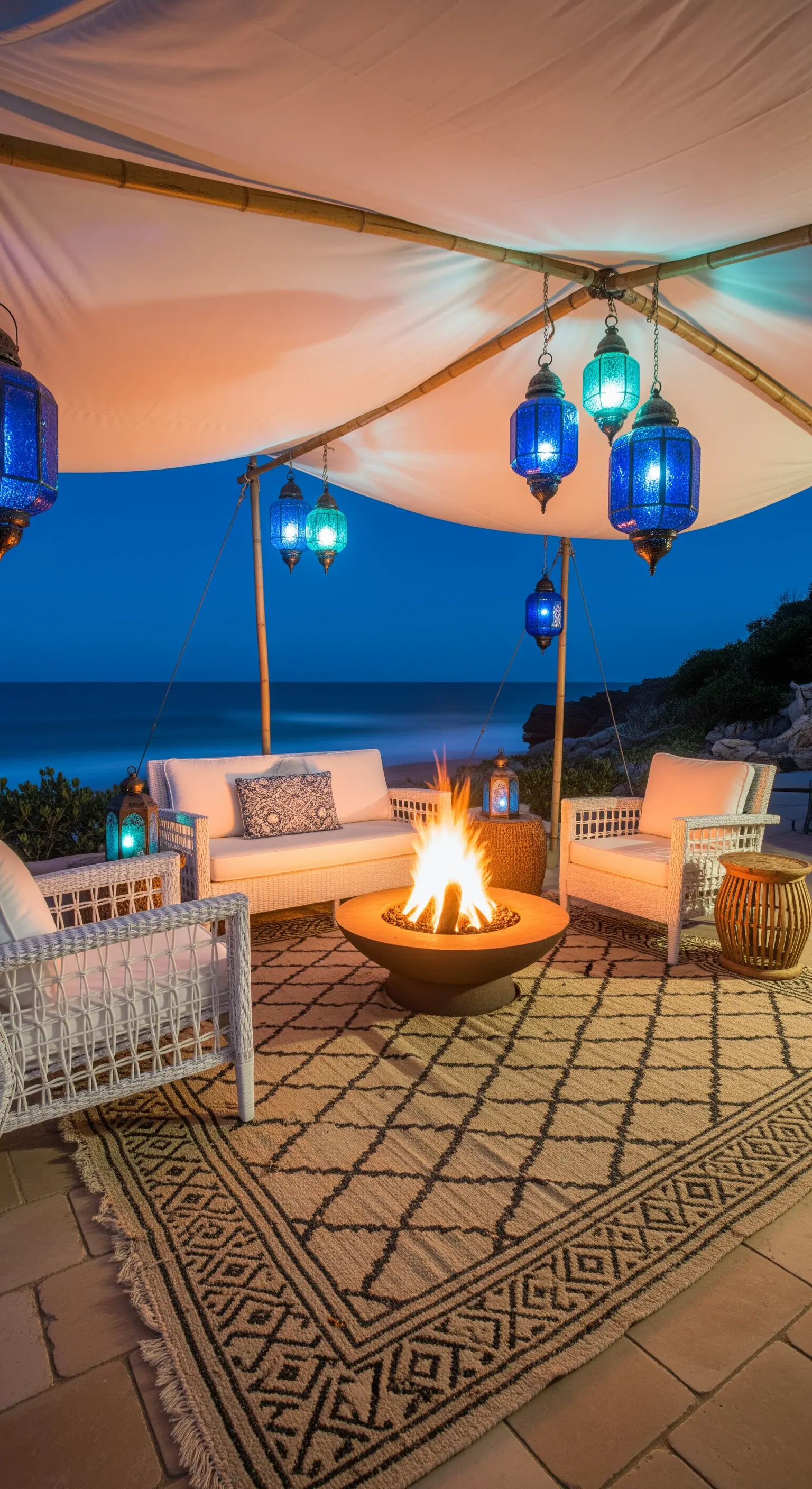 Patio vista mare con arredi in vimini bianco, braciere e lanterne in vetro blu sospese