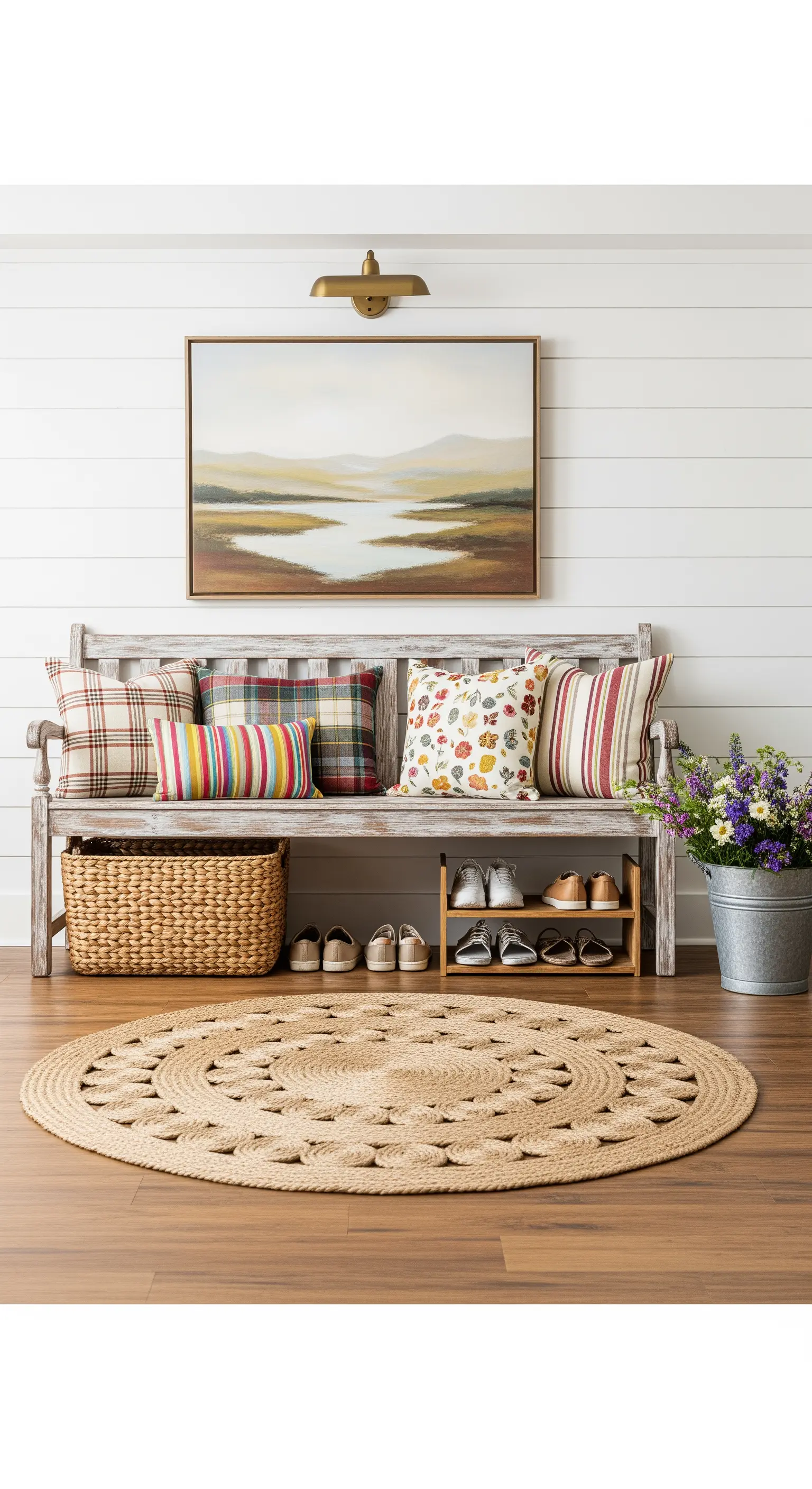 Ingresso in stile country con panca in legno, cuscini a motivi misti e tappeto rotondo in iuta.