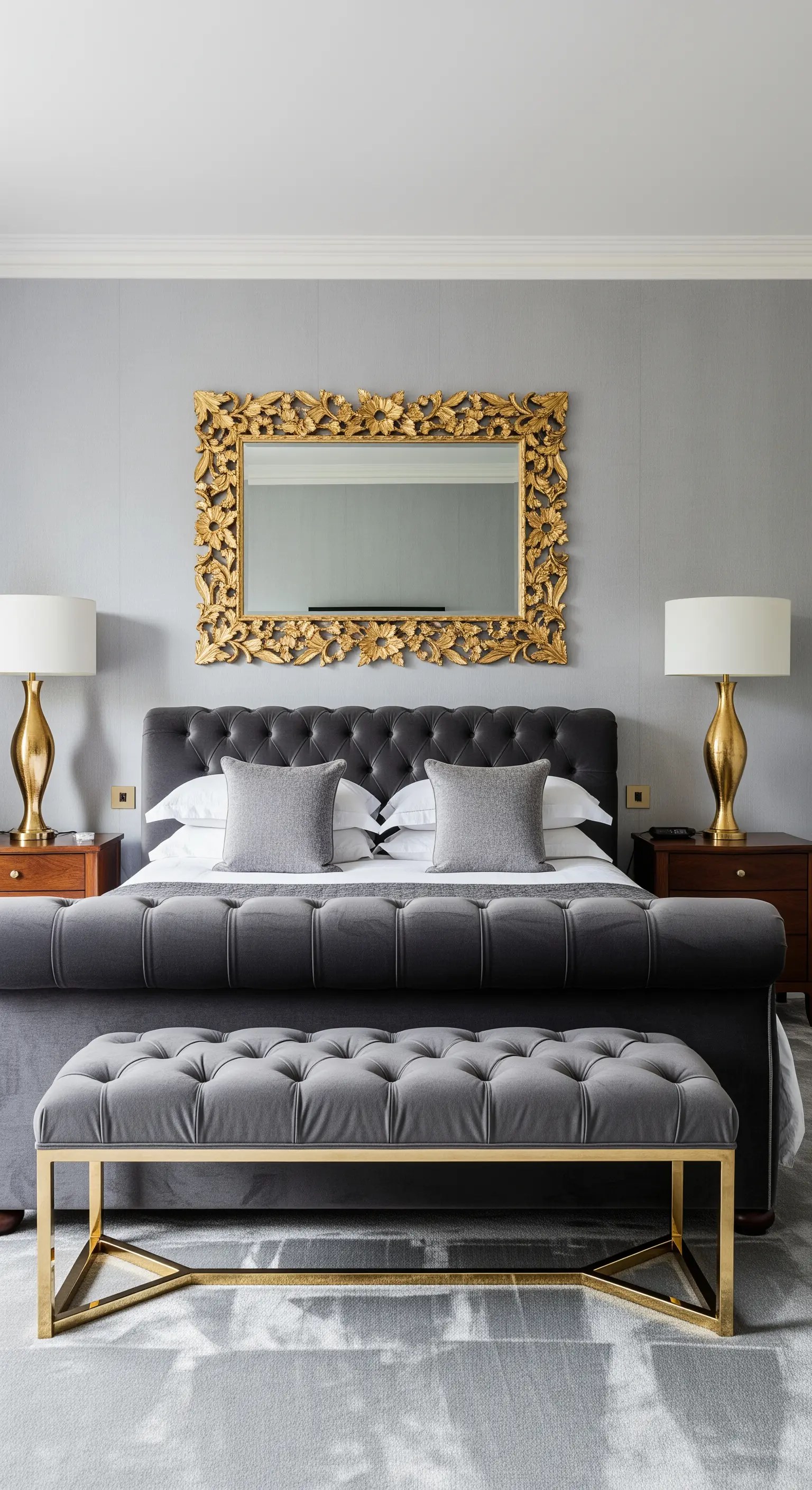 Camera da letto elegante con letto sleigh in velluto grigio e specchio con cornice dorata barocca.