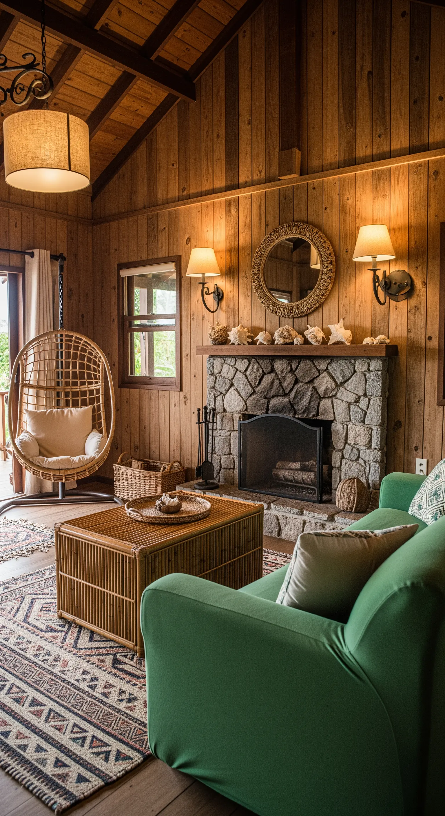 Interno di una baita in legno con camino in pietra, divano verde e sedia sospesa in rattan.