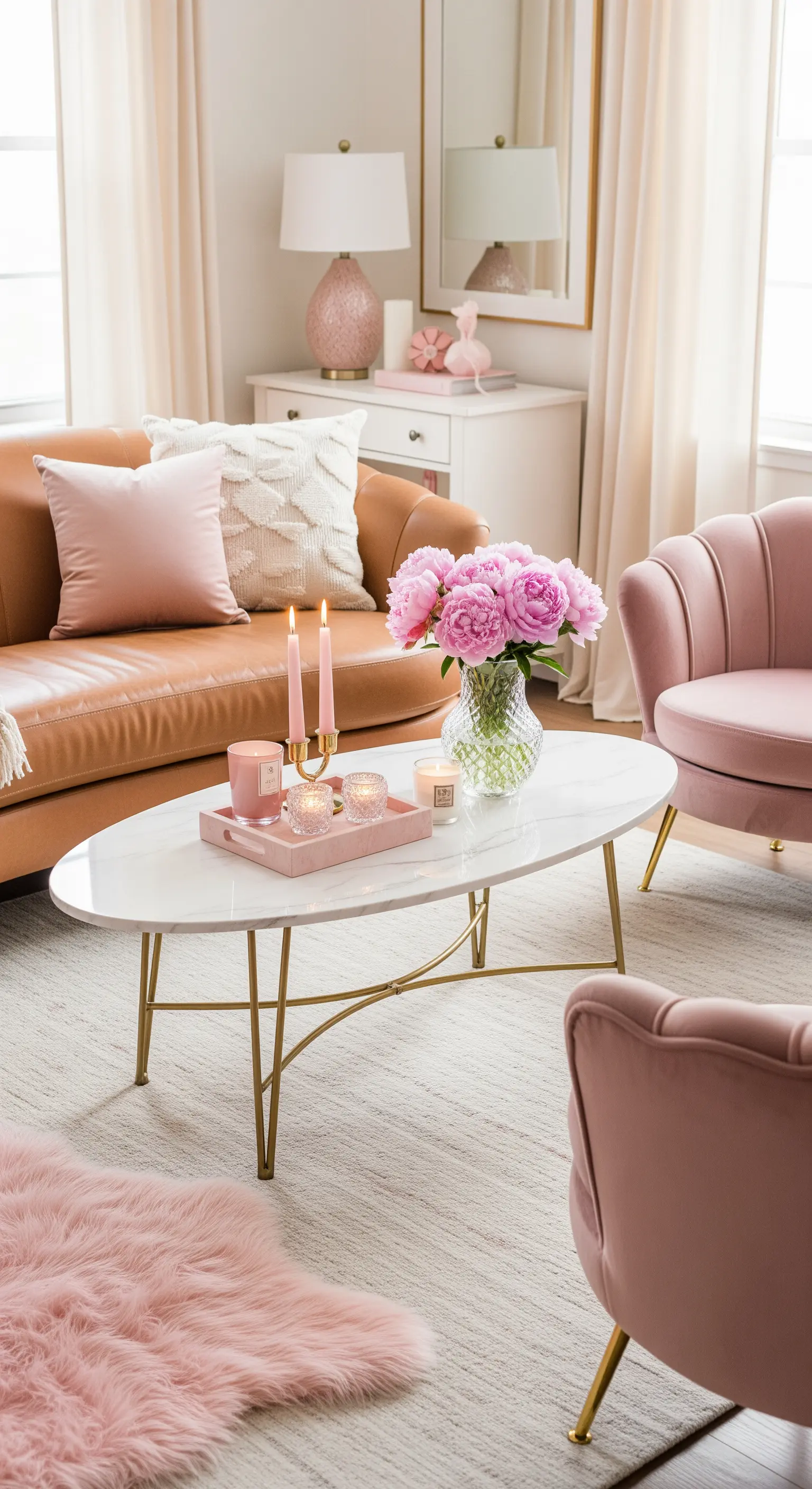 Salotto femminile con divano in pelle, poltrone rosa e un vaso di peonie sul tavolino.