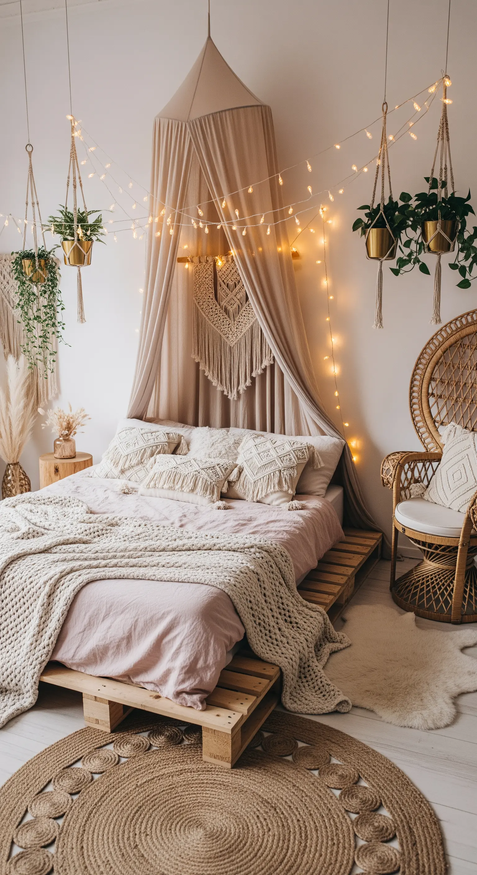 Camera da letto boho con letto su pallet, baldacchino, macramè e lucine calde.