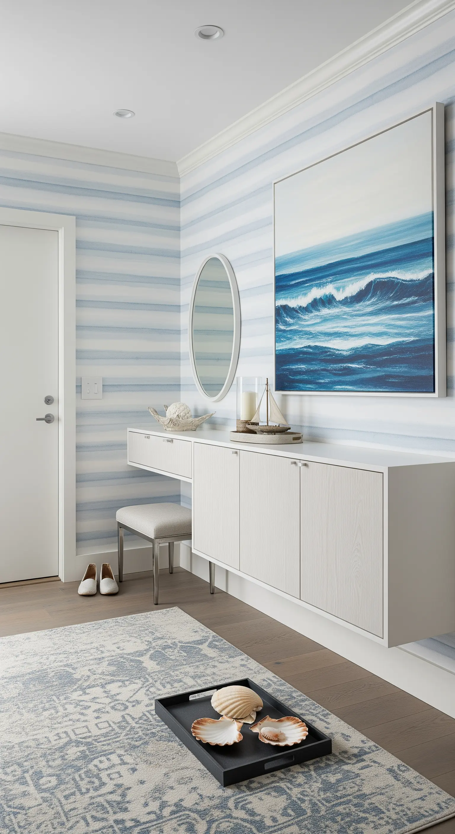 Ingresso moderno con carta da parati a righe acquerellate e consolle sospesa bianca.