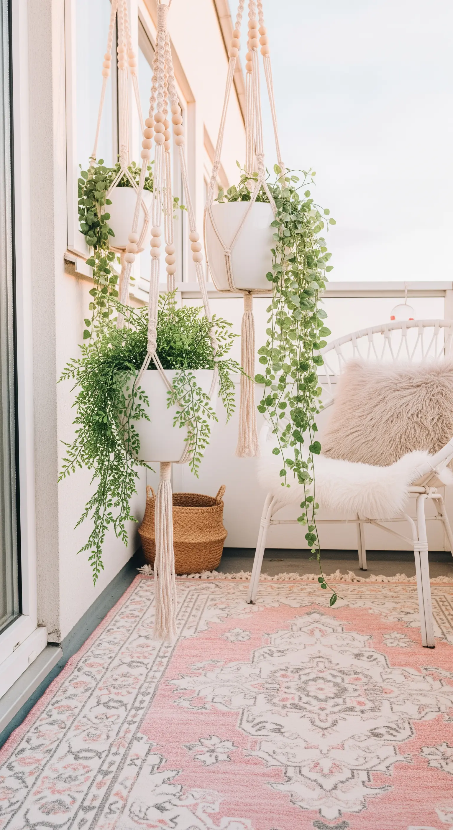 Balcone bohémien delicato con tappeto rosa, sedia bianca e piante in macramè.