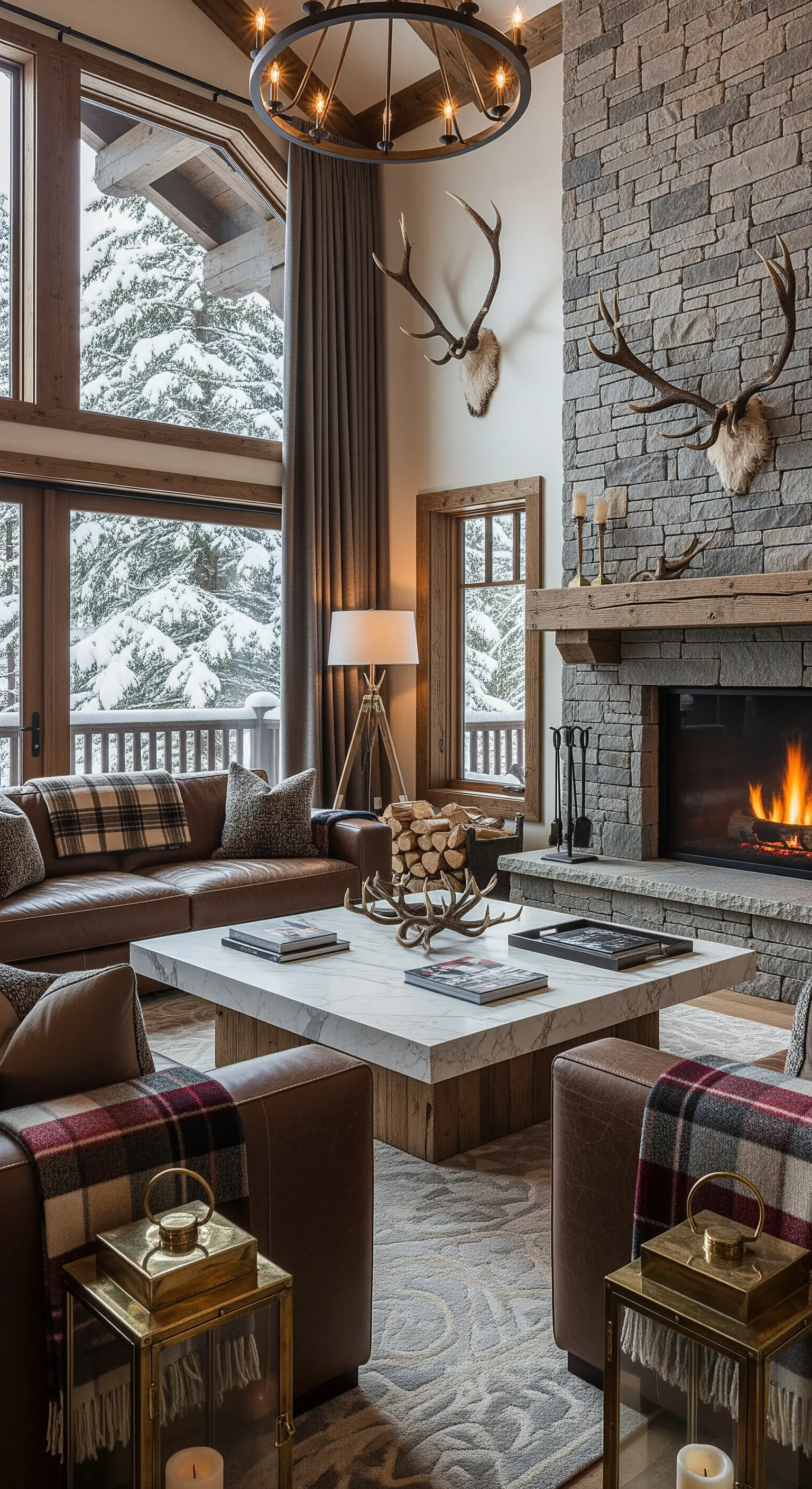 Soggiorno stile lodge con camino in pietra, divano in pelle e plaid scozzesi.