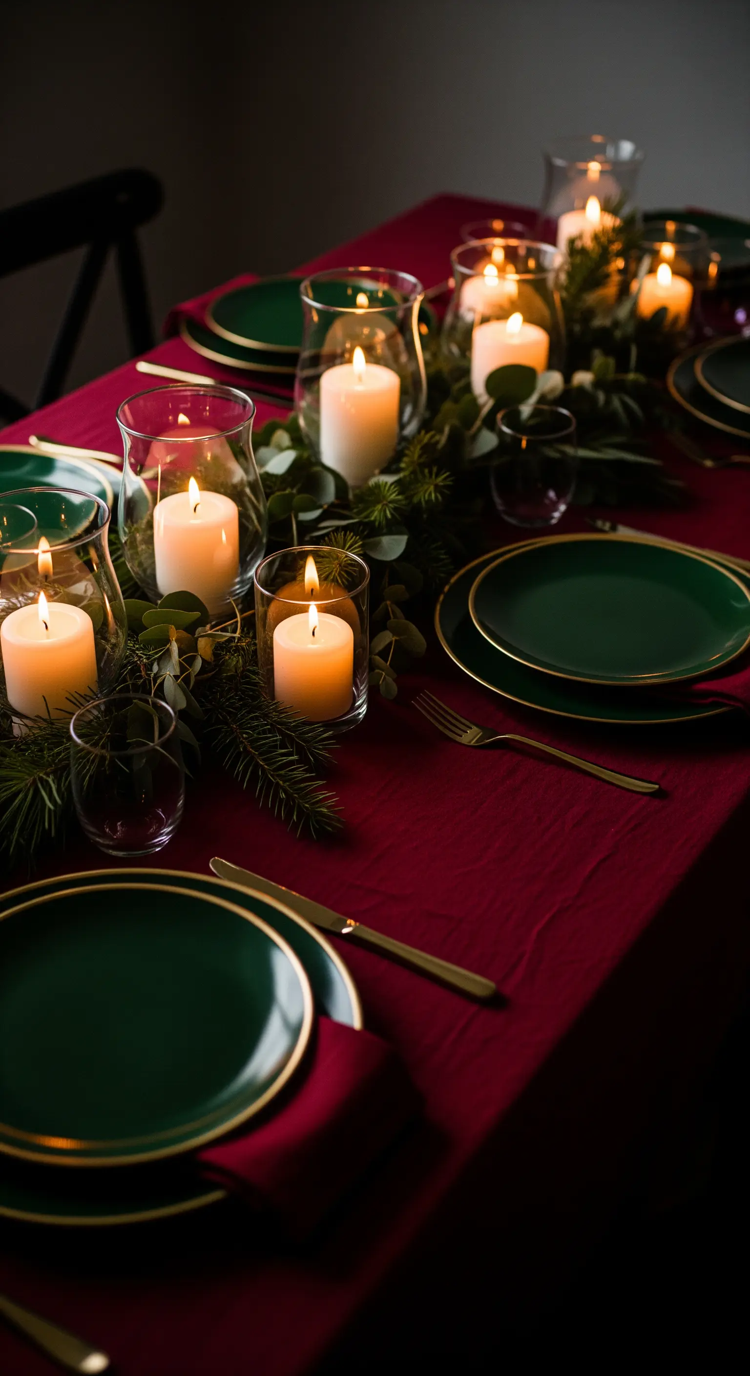 Tavola di Natale con tovaglia rossa, piatti verdi e numerose candele in vasi di vetro.