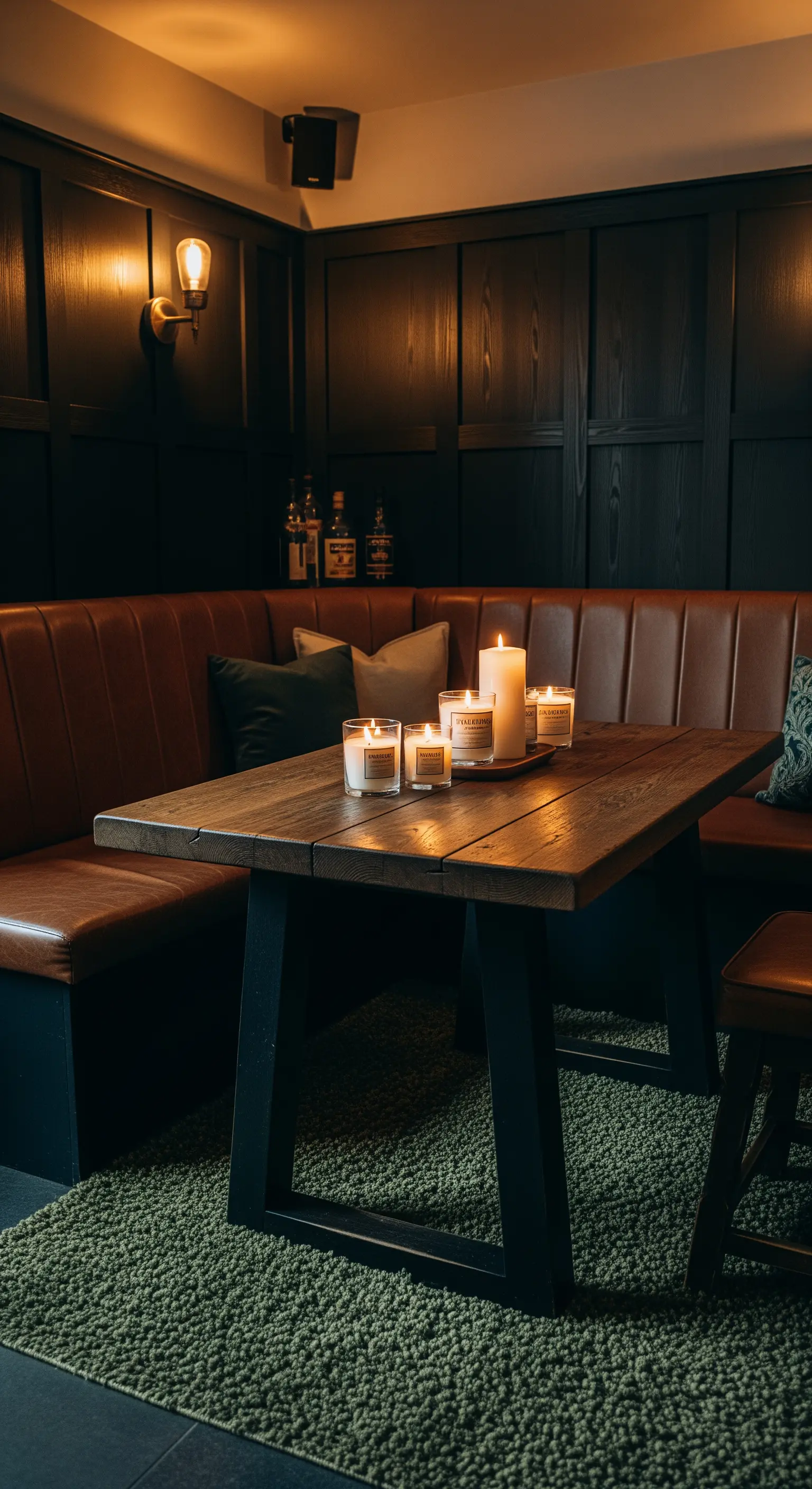 Angolo pranzo con panca in pelle marrone, boiserie scura e un tappeto verde a pelo corto.