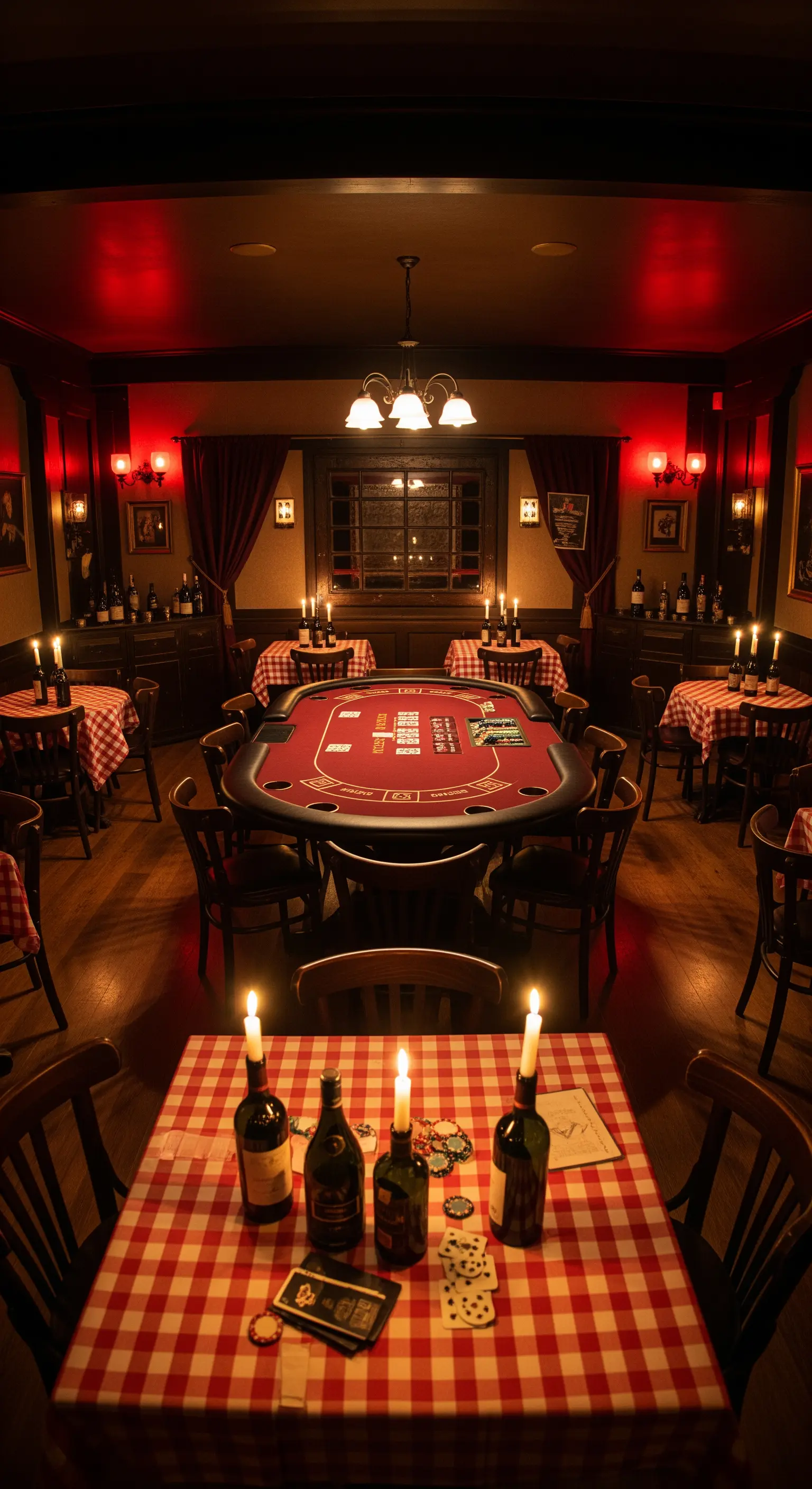 Tavolo da poker in una stanza con tavoli da trattoria e illuminazione a lume di candela.