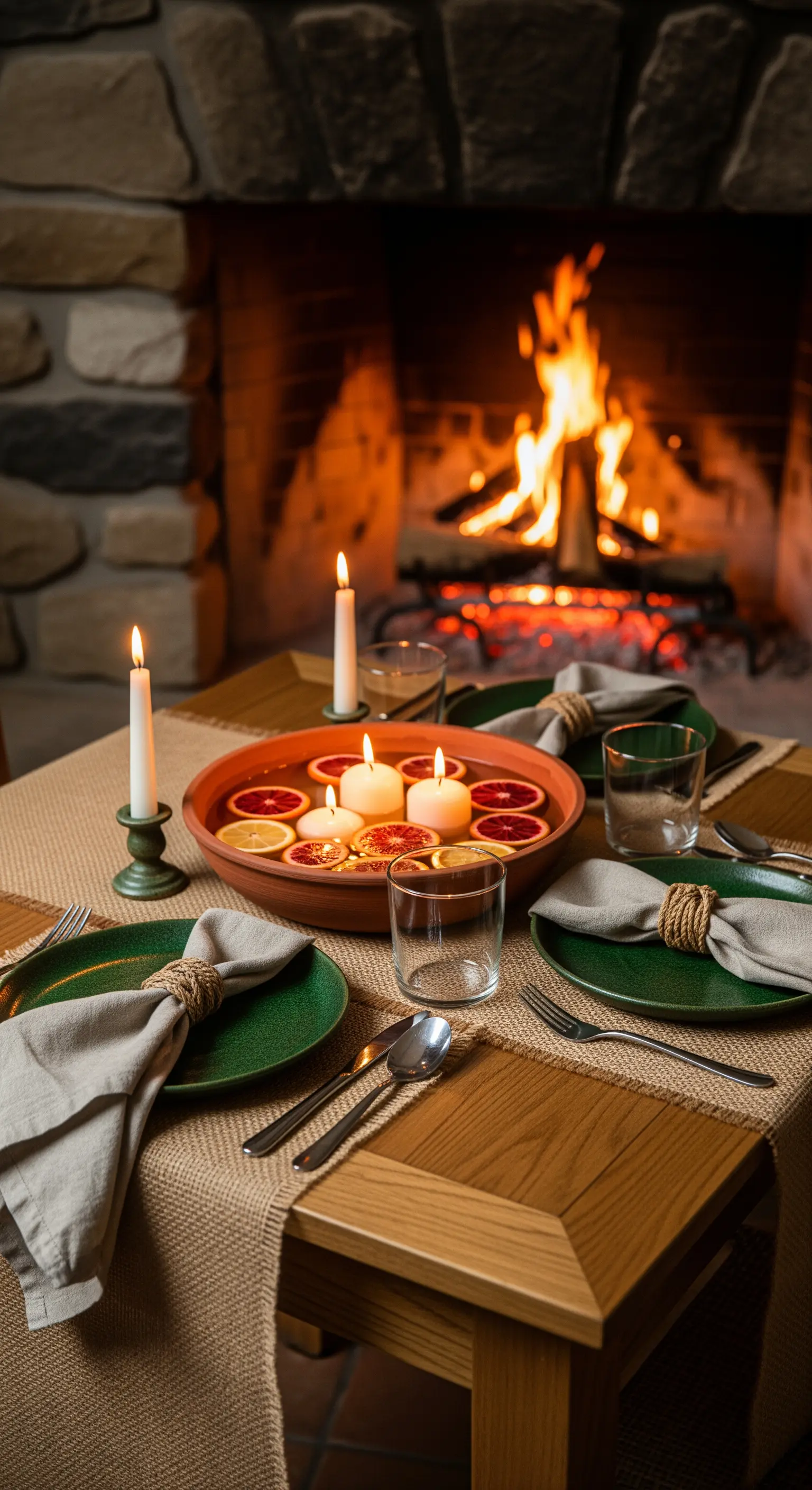 Tavola apparecchiata davanti a un camino acceso, con centrotavola di candele galleggianti