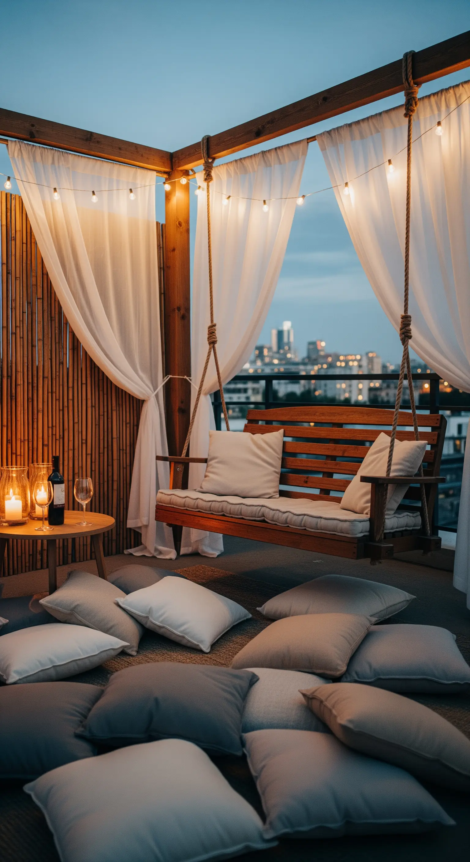 Dondolo in legno sotto una pergola con tende bianche e luci soffuse.