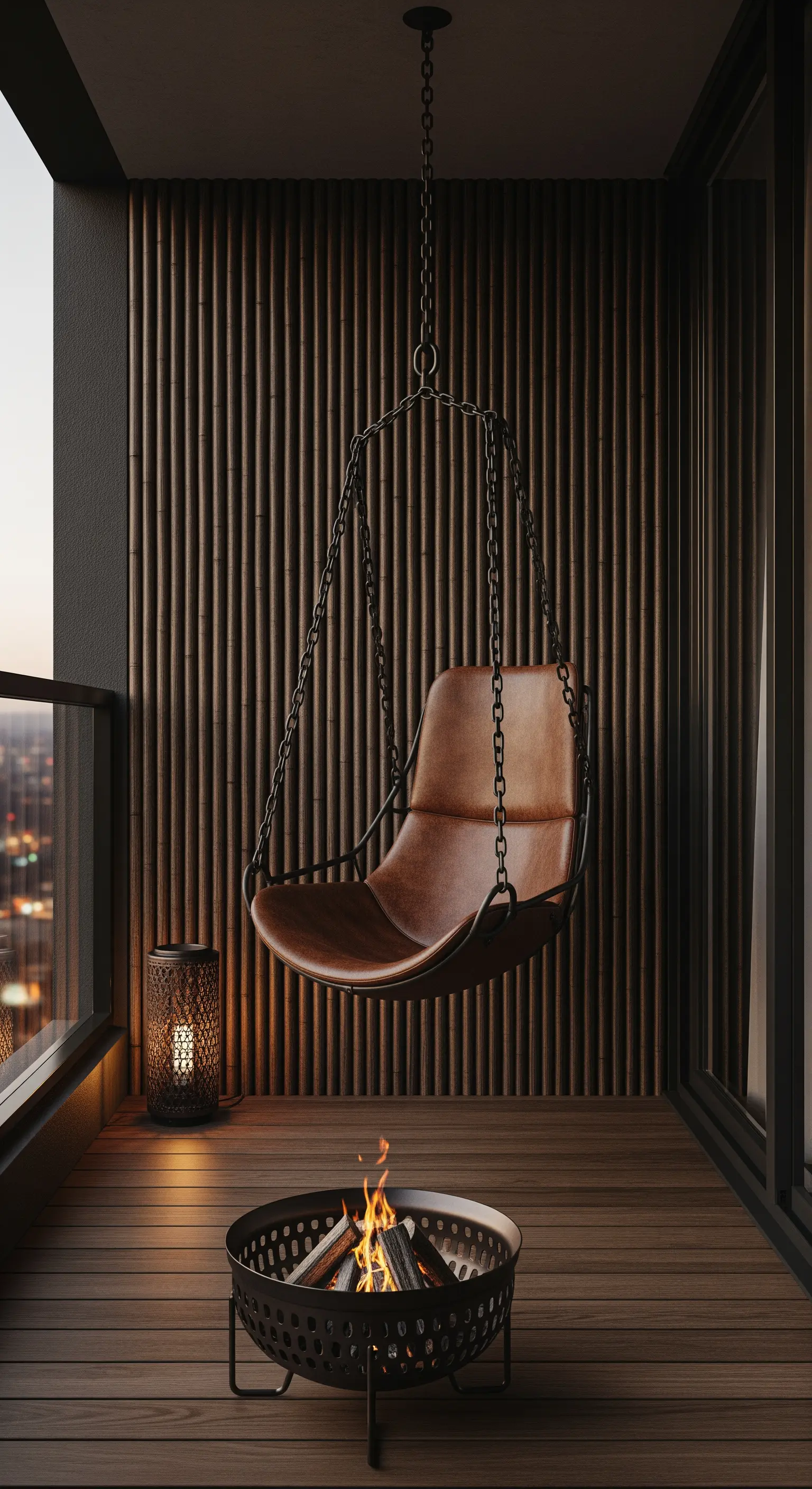 Seduta sospesa in pelle davanti a un braciere acceso su un balcone moderno.