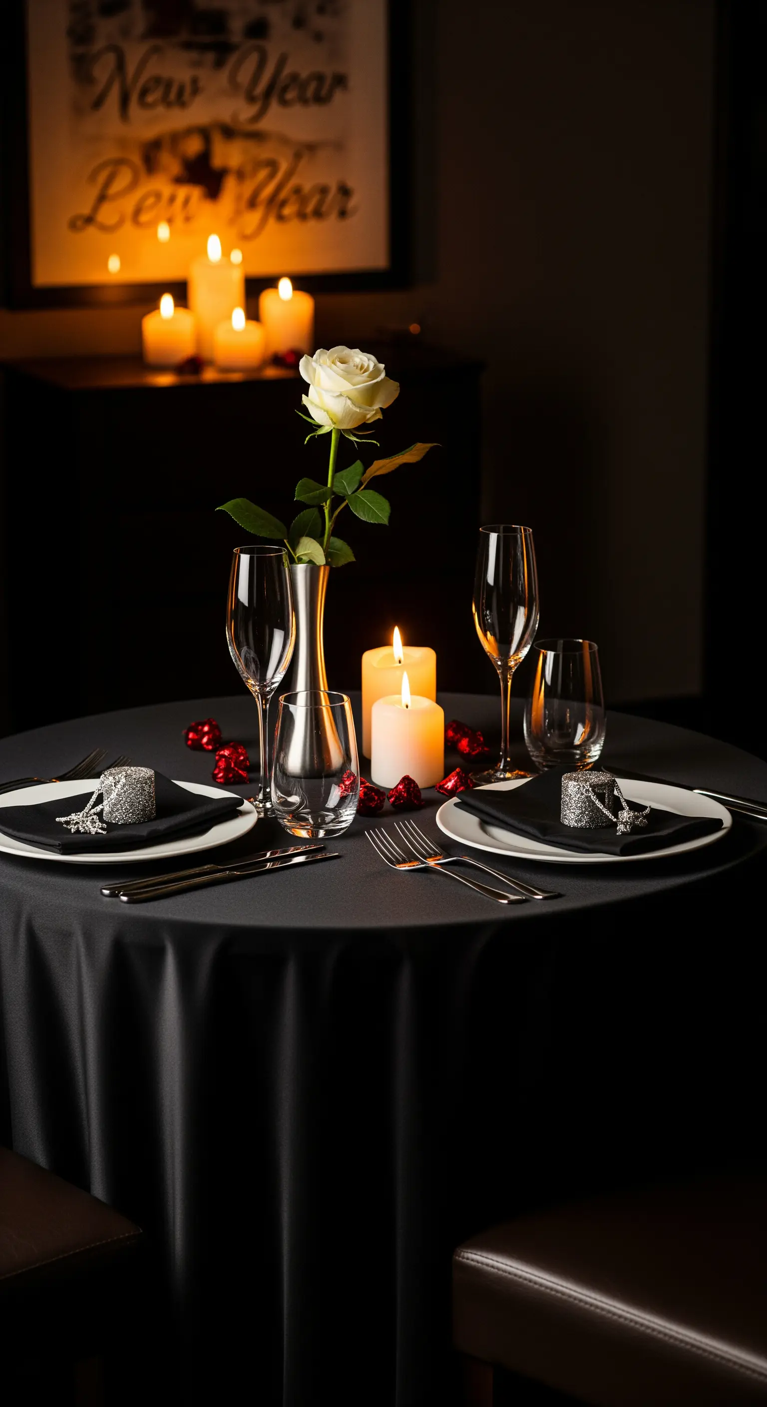 Tavolo per due con tovaglia nera, candele, una rosa bianca e portatovaglioli gioiello.