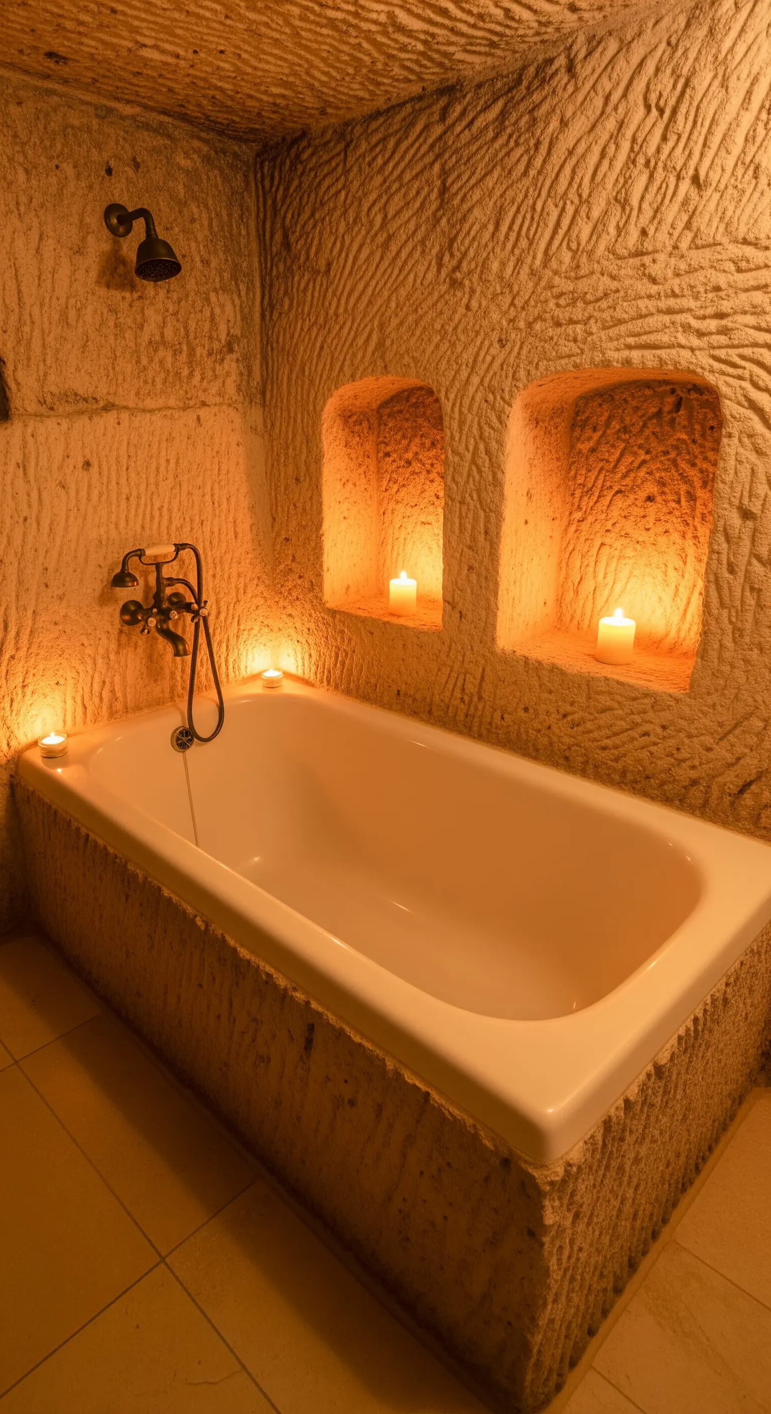 Vasca da bagno in una nicchia di roccia illuminata da candele calde.