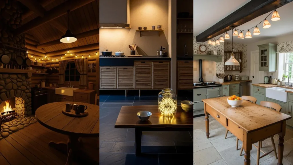 Tre cucine accoglienti con luci a stringa e tavoli in legno, creando un'atmosfera serale conviviale perfetta per l'intimitĂ .