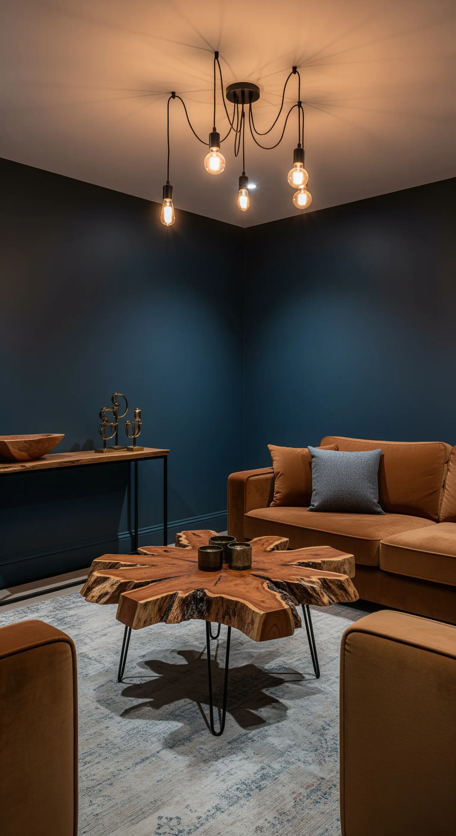 Angolo soggiorno con pareti blu scuro, divano marrone e tavolino in legno 