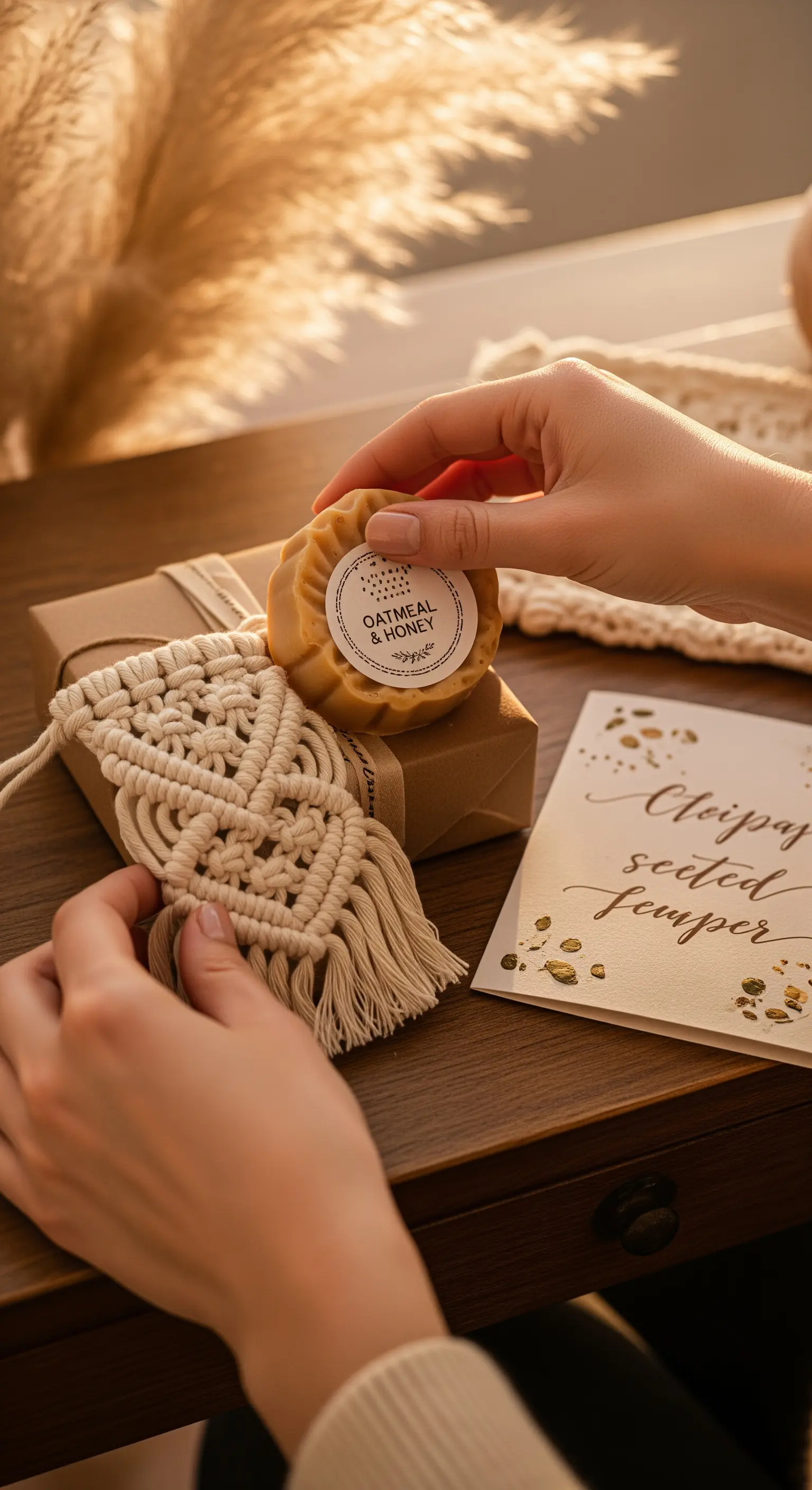 Mani che preparano un regalo con sapone all'avena, sacchetto in macramè e biglietto calligrafato.