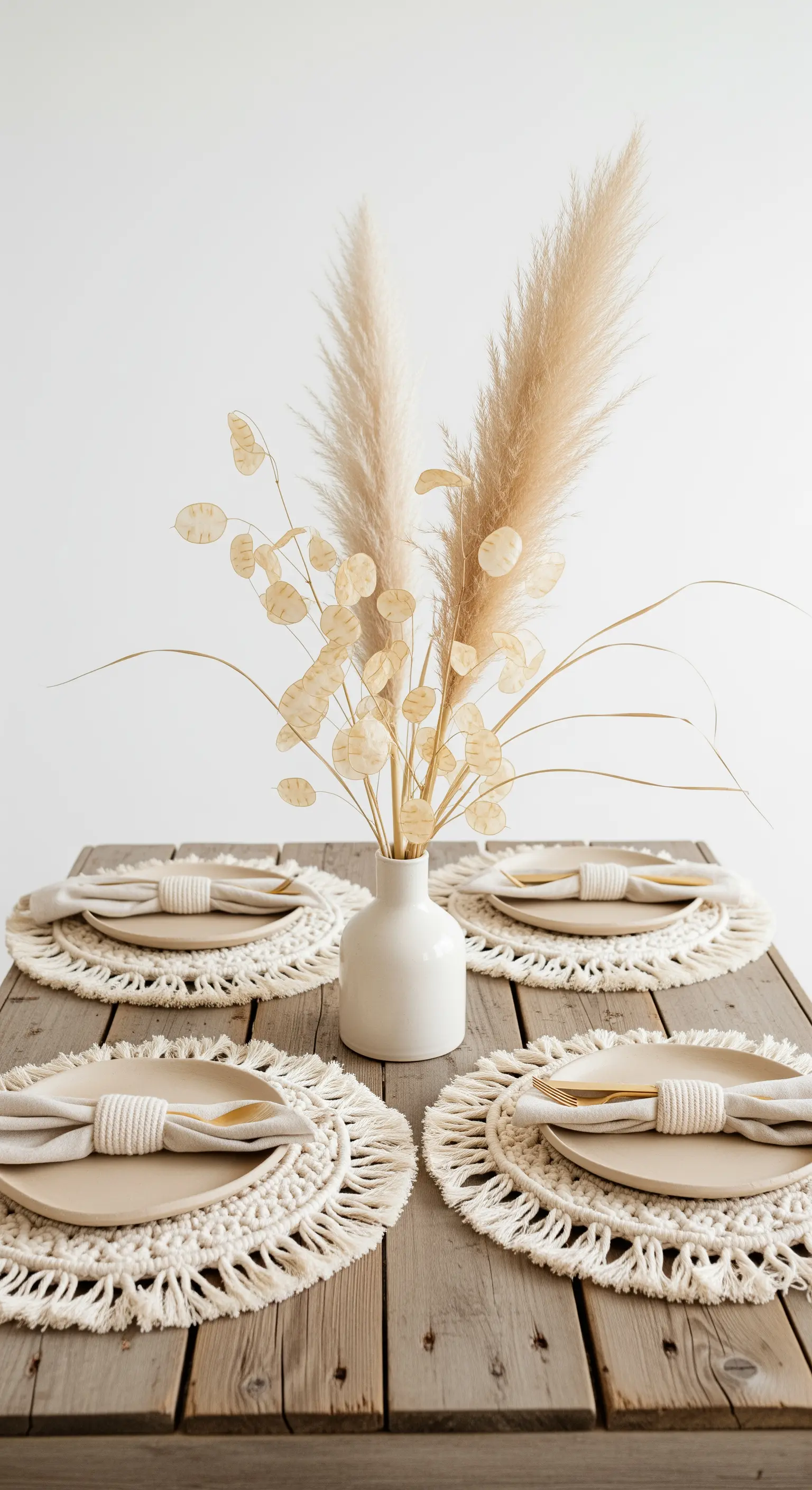 Tovagliette rotonde in macramè con erbe essiccate in un vaso bianco.