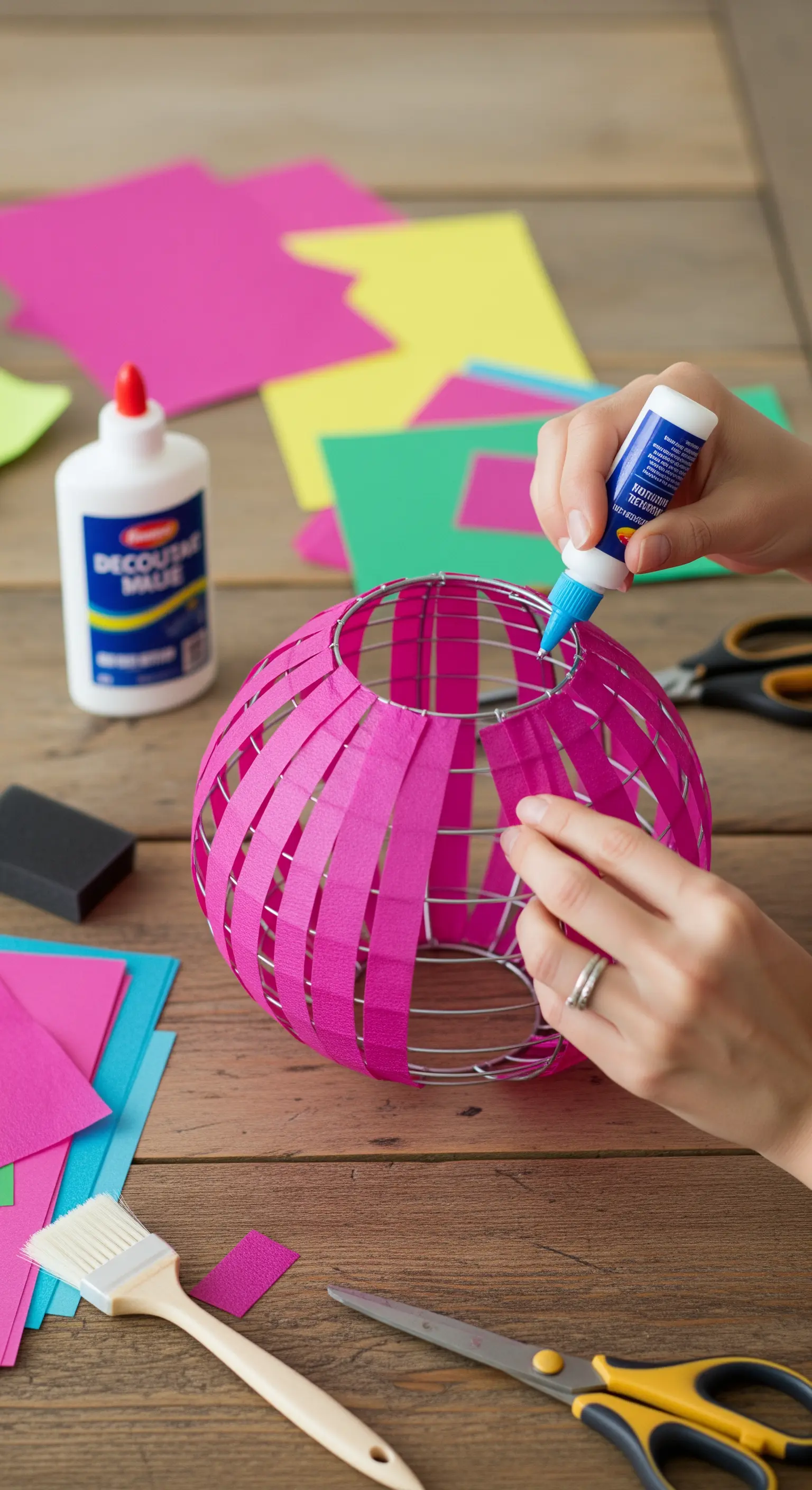 Mani che incollano strisce di carta rosa su una struttura metallica sferica per creare una lanterna.