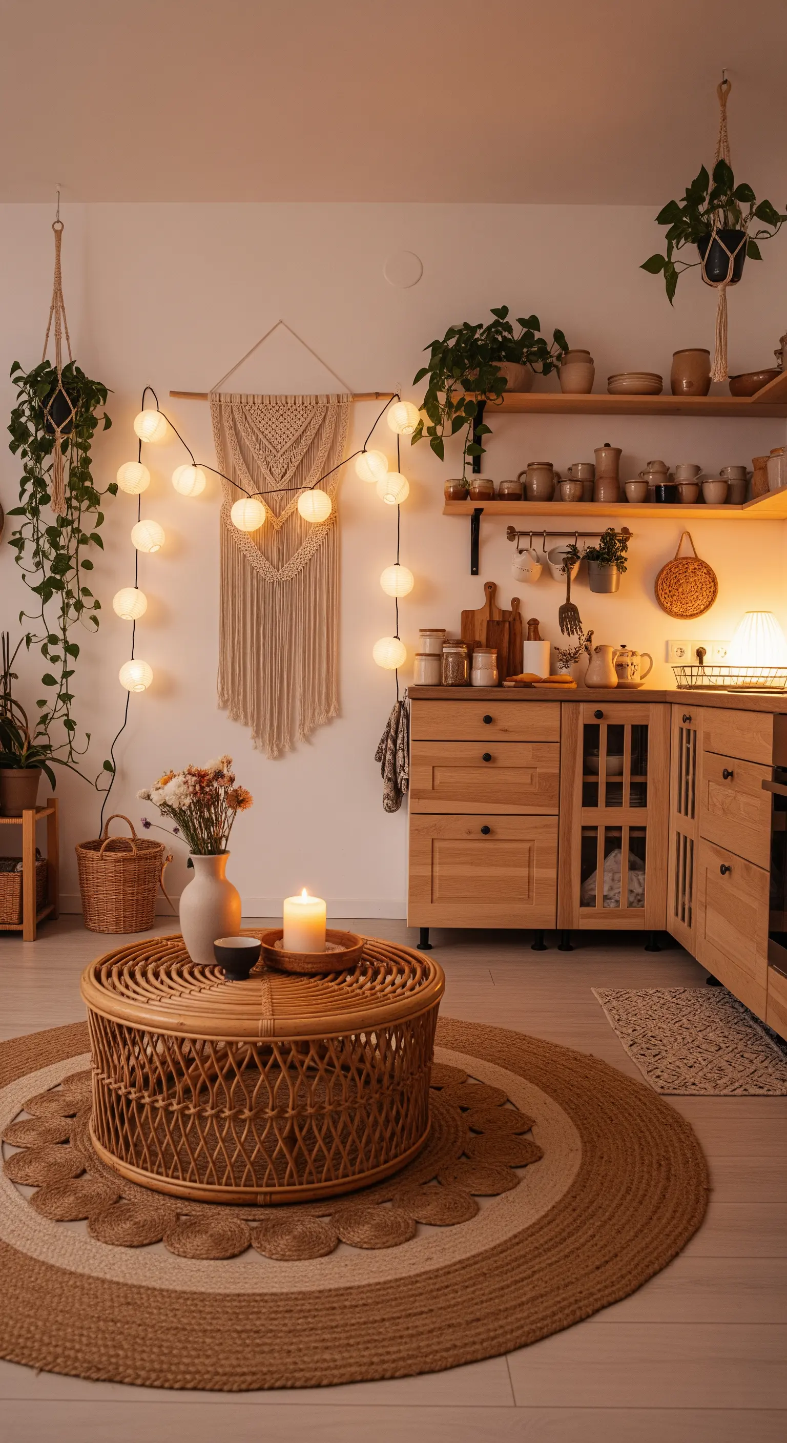 Angolo cucina in stile boho con mobili in legno, piante, macramè e una stringa di luci rotonde.