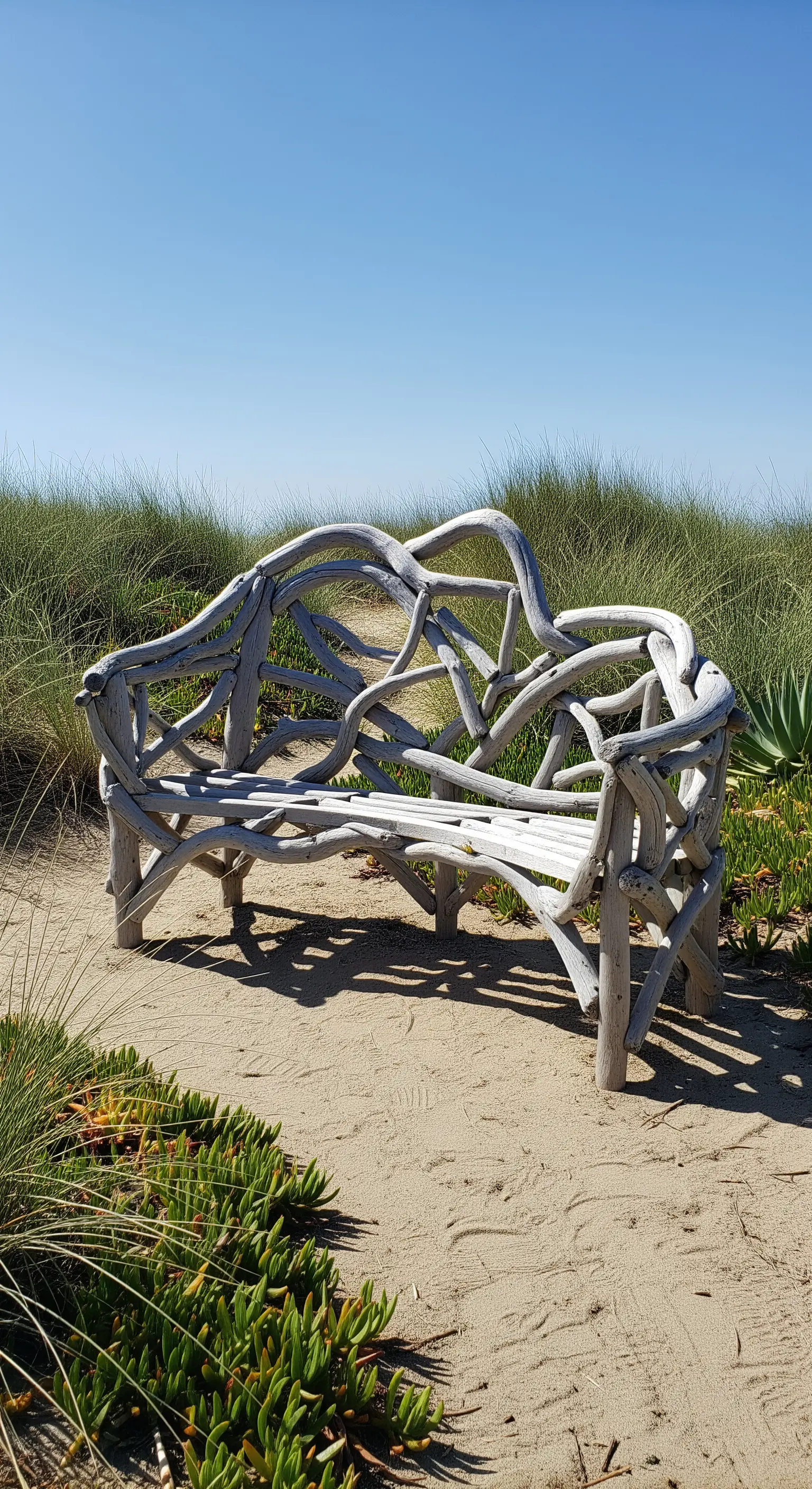 Panca realizzata con rami di legno di mare intrecciati, posizionata sulla sabbia tra le dune.