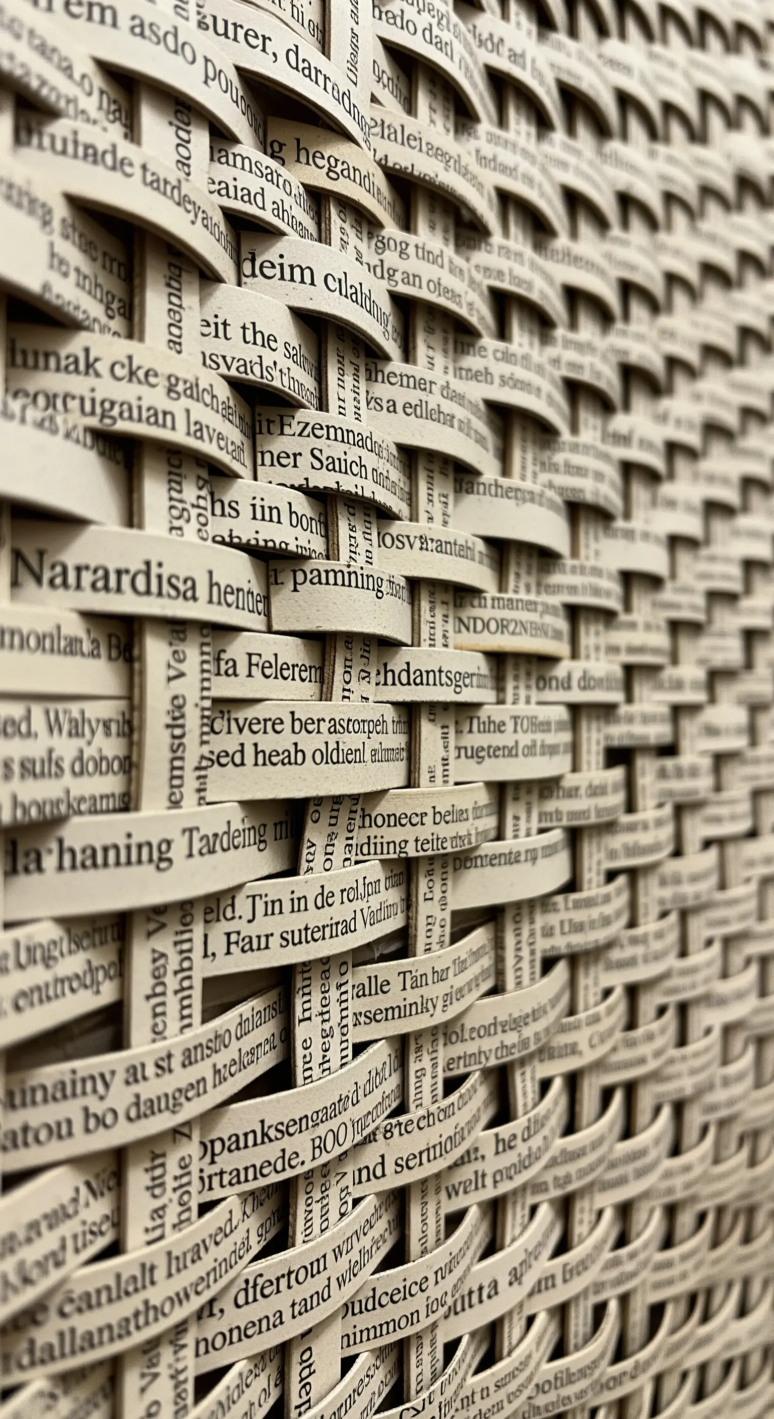 Dettaglio di una superficie texturizzata creata intrecciando strisce di pagine di libro stampate.