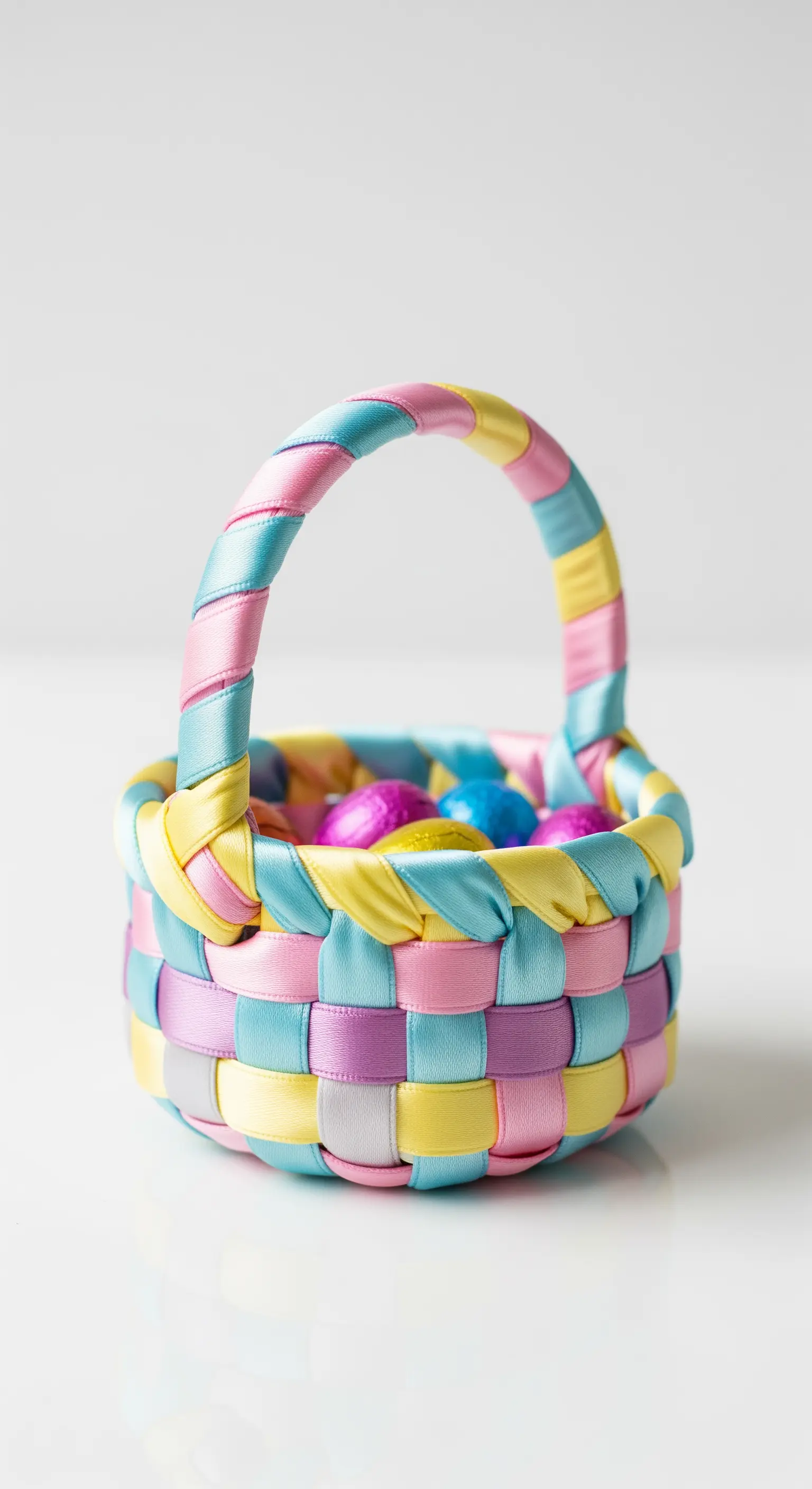 Cestino pasquale intrecciato a mano con nastri di raso multicolore.