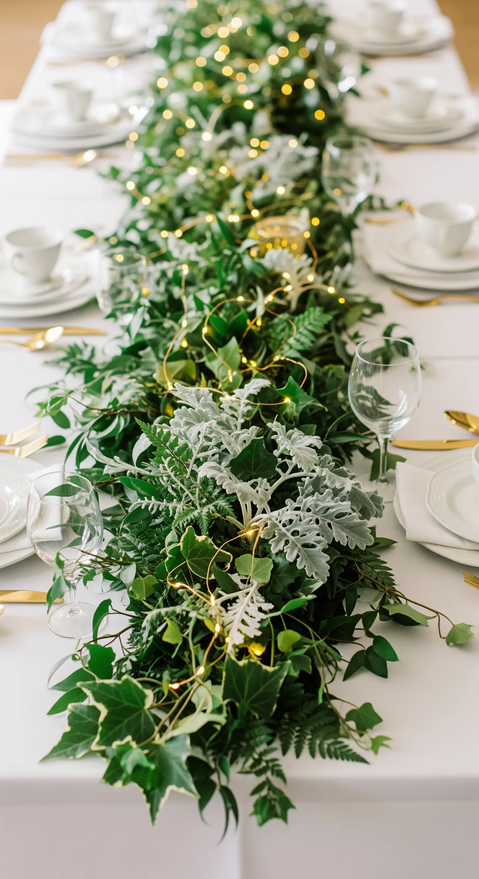 Runner vegetale con diverse tipologie di foglie verdi e argentate, intrecciato con micro-luci.