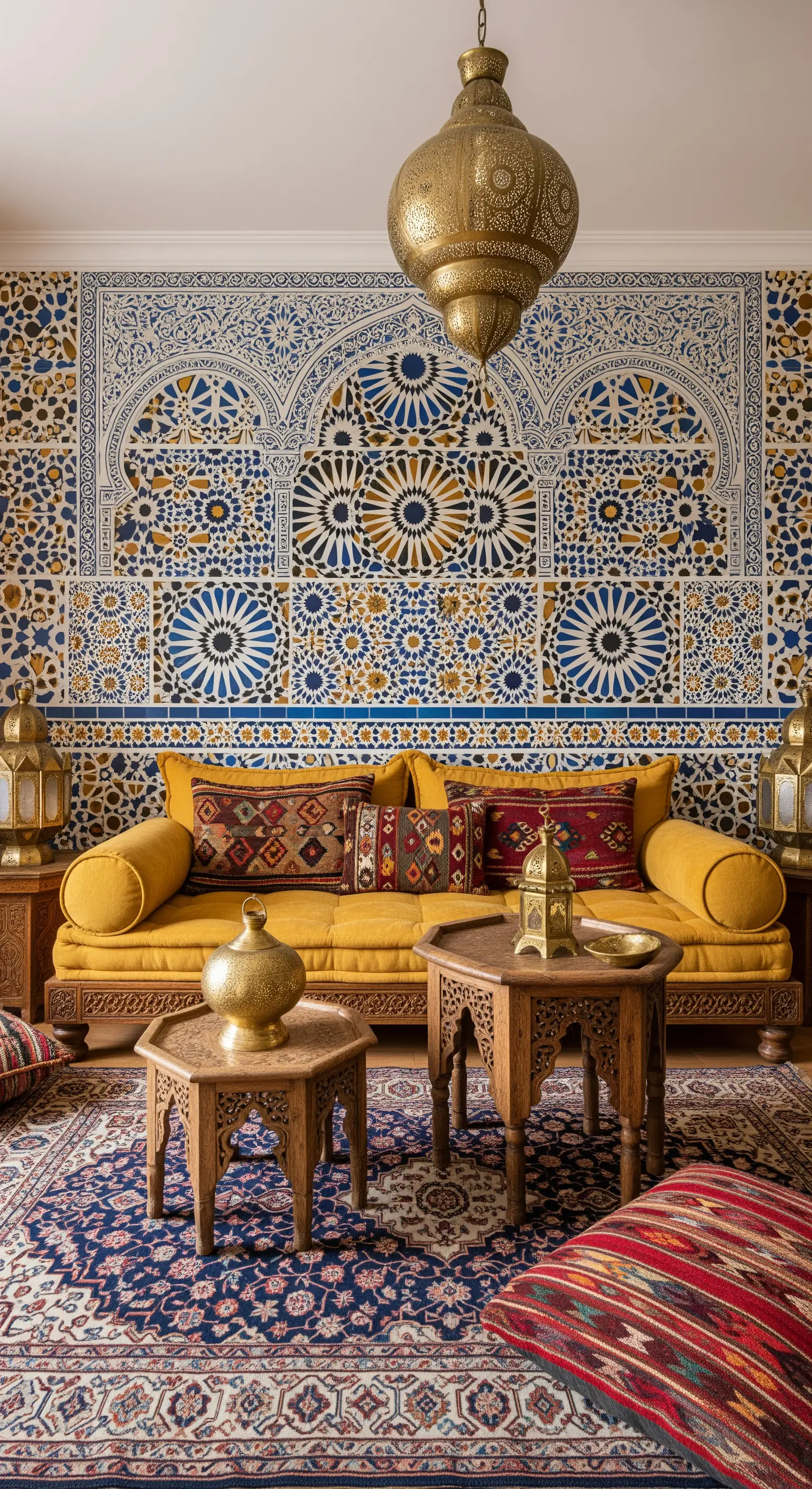 Salotto in stile marocchino con murale a motivi Zellige e divano giallo senape.