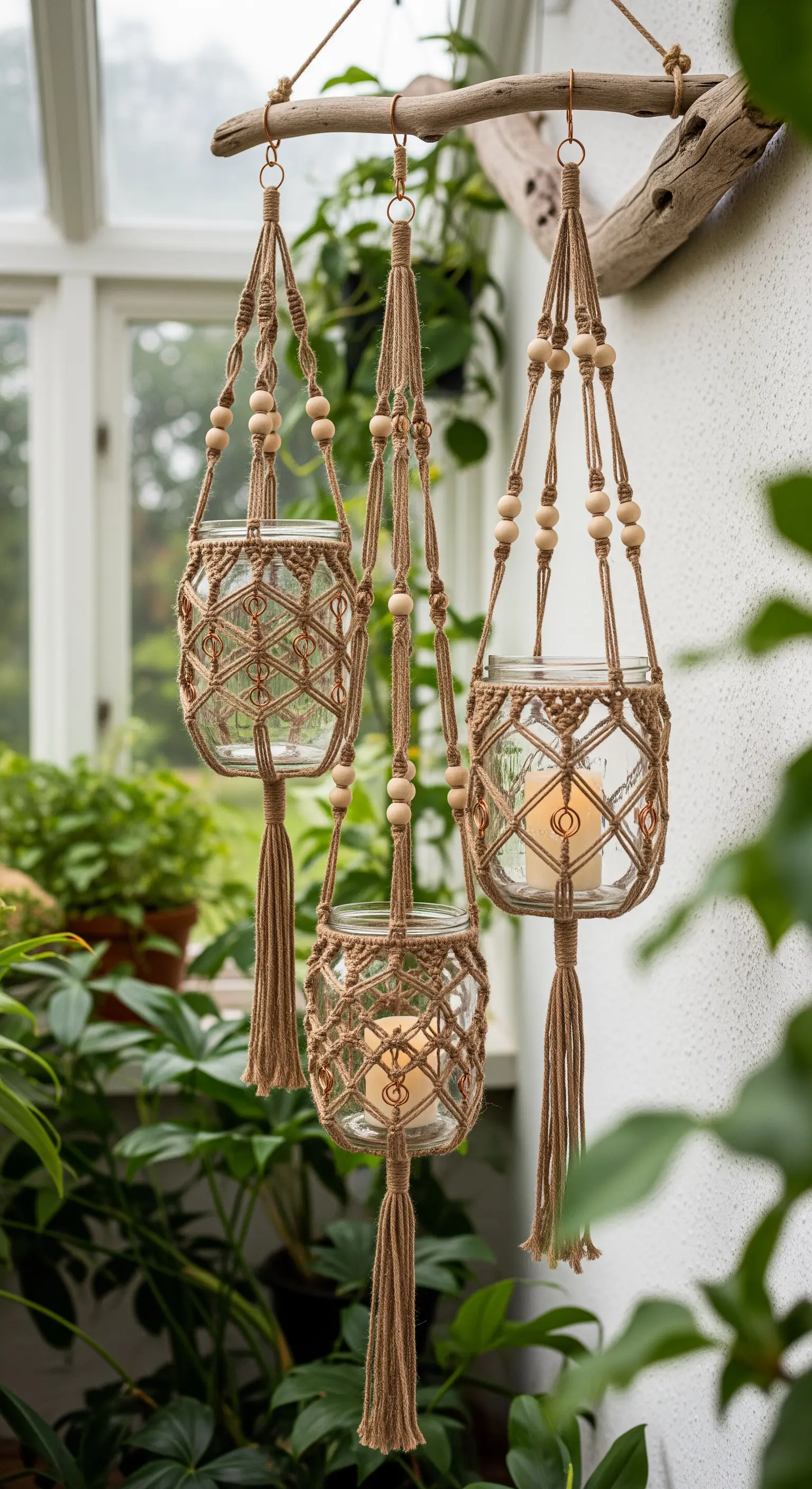 Tre portacandele in vetro sospesi con supporti in macramè e perline di legno.