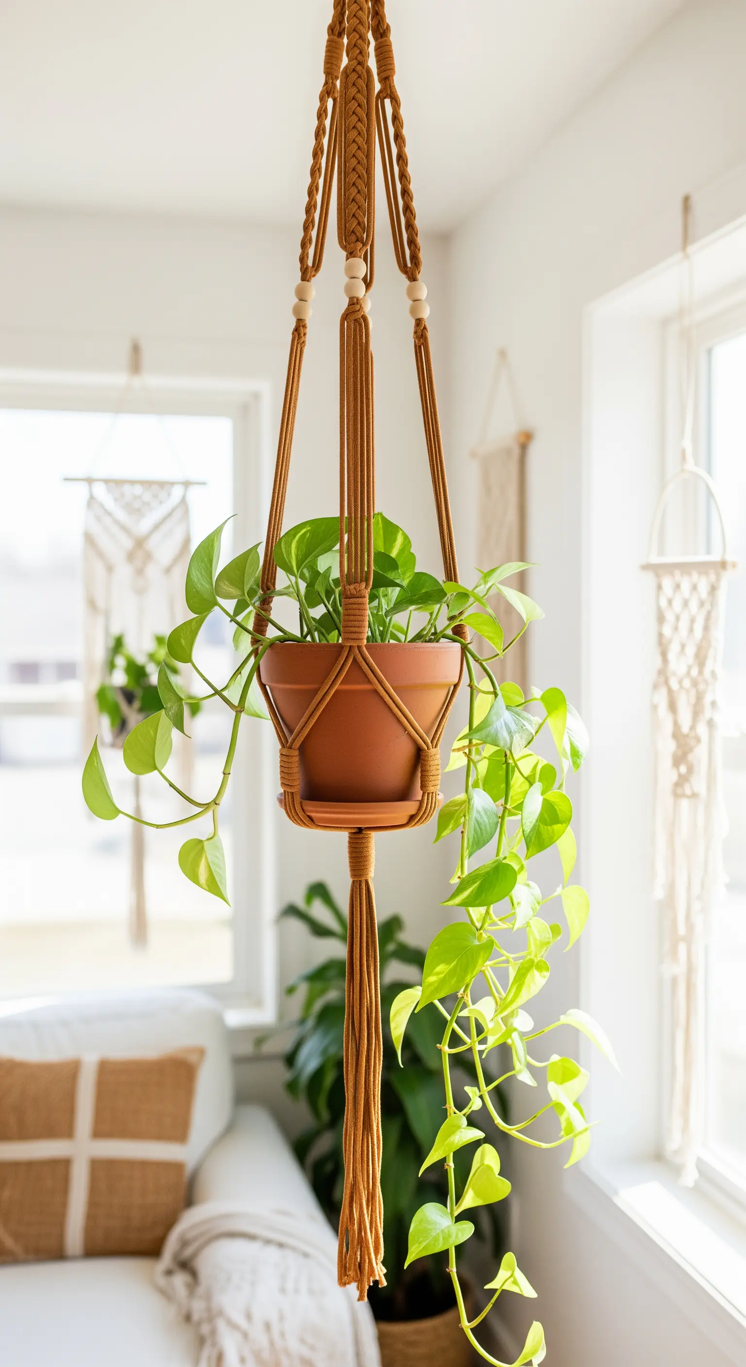 Portavaso in stile macramè realizzato con strisce di pelle marrone intrecciata.