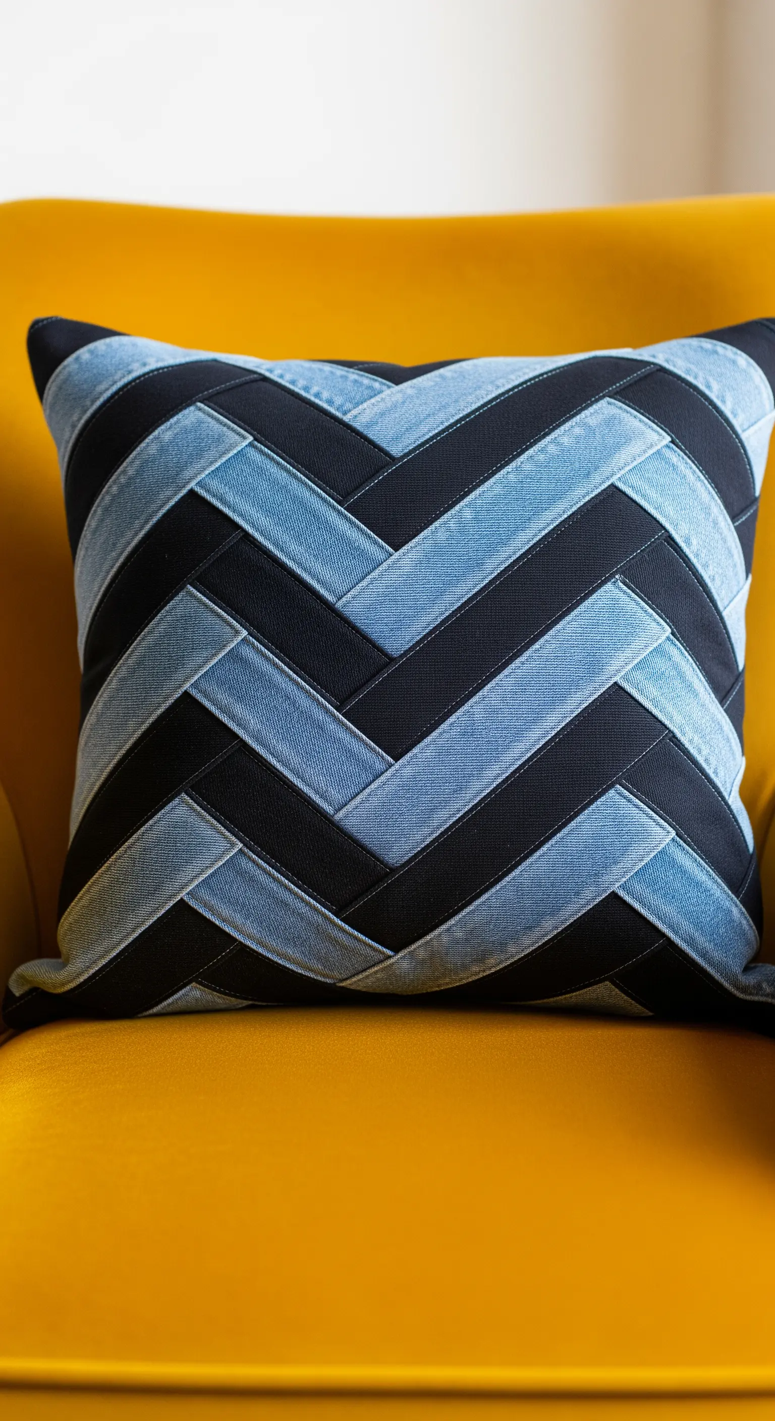 Cuscino con motivo a spina di pesce intrecciato, realizzato con strisce di denim chiaro e tessuto nero.