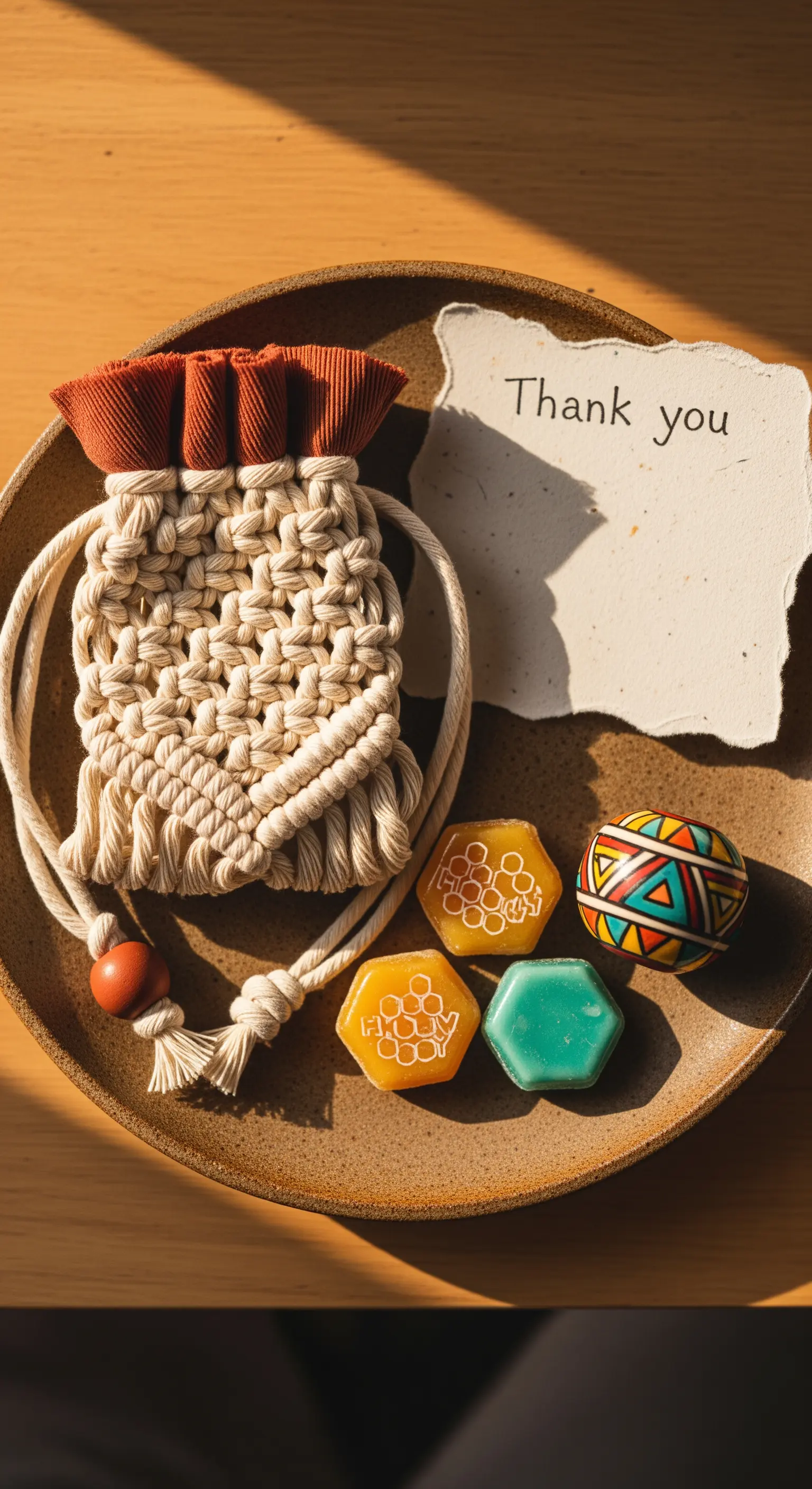 Sacchettino in macramè fatto a mano su un piatto di ceramica con saponi artigianali.