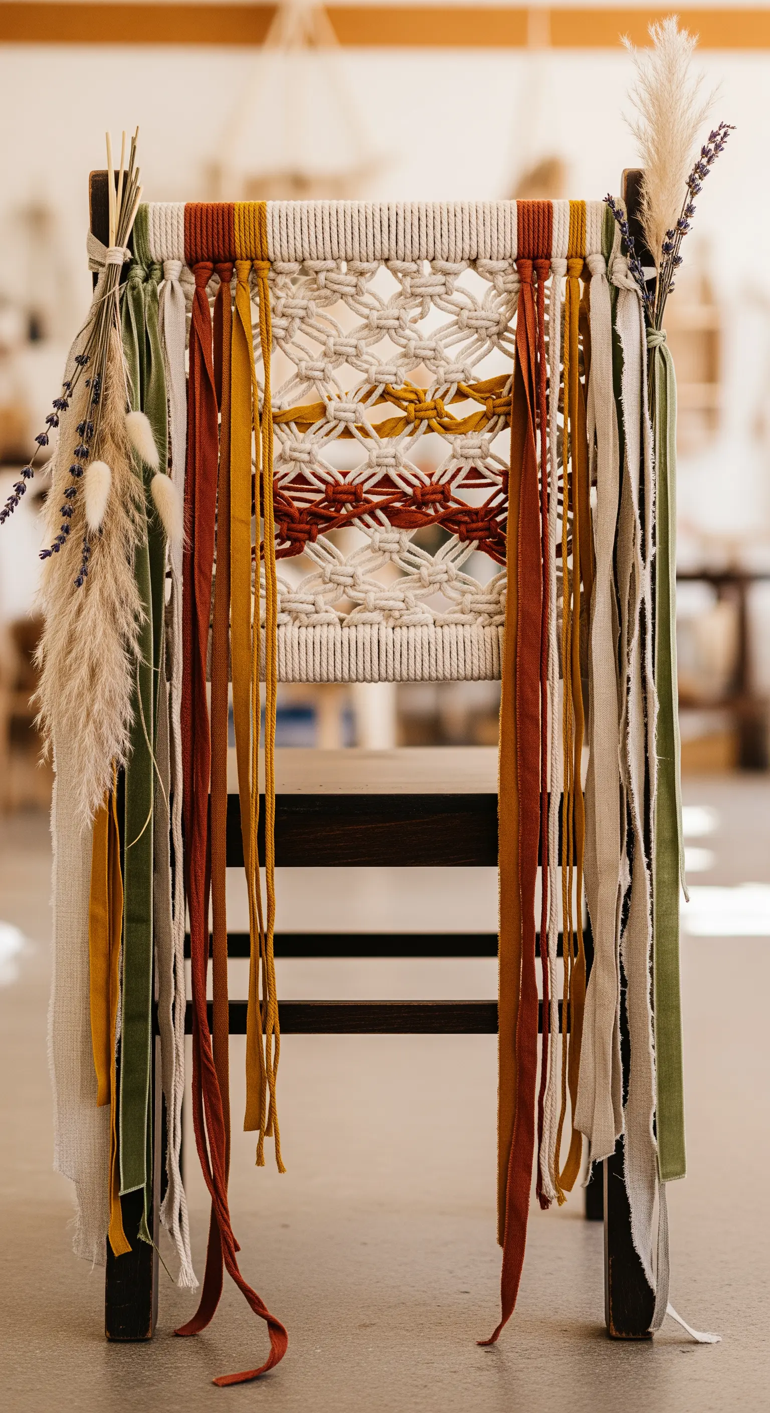 Schienale di una sedia decorato con un pannello in macramè e nastri colorati in stile boho.