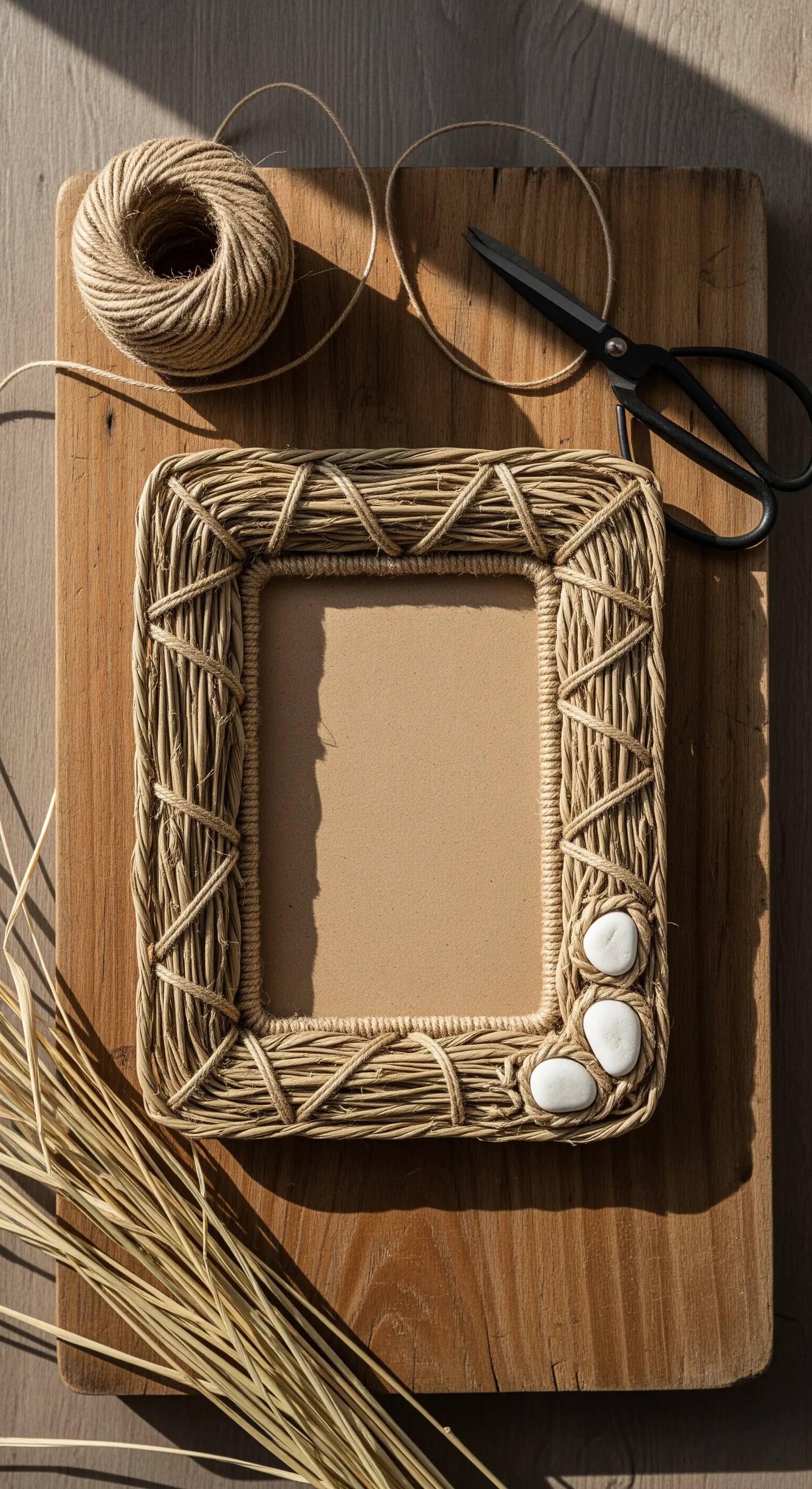 Cornice quadrata realizzata con un intreccio di fibre naturali e tre sassi bianchi decorativi.