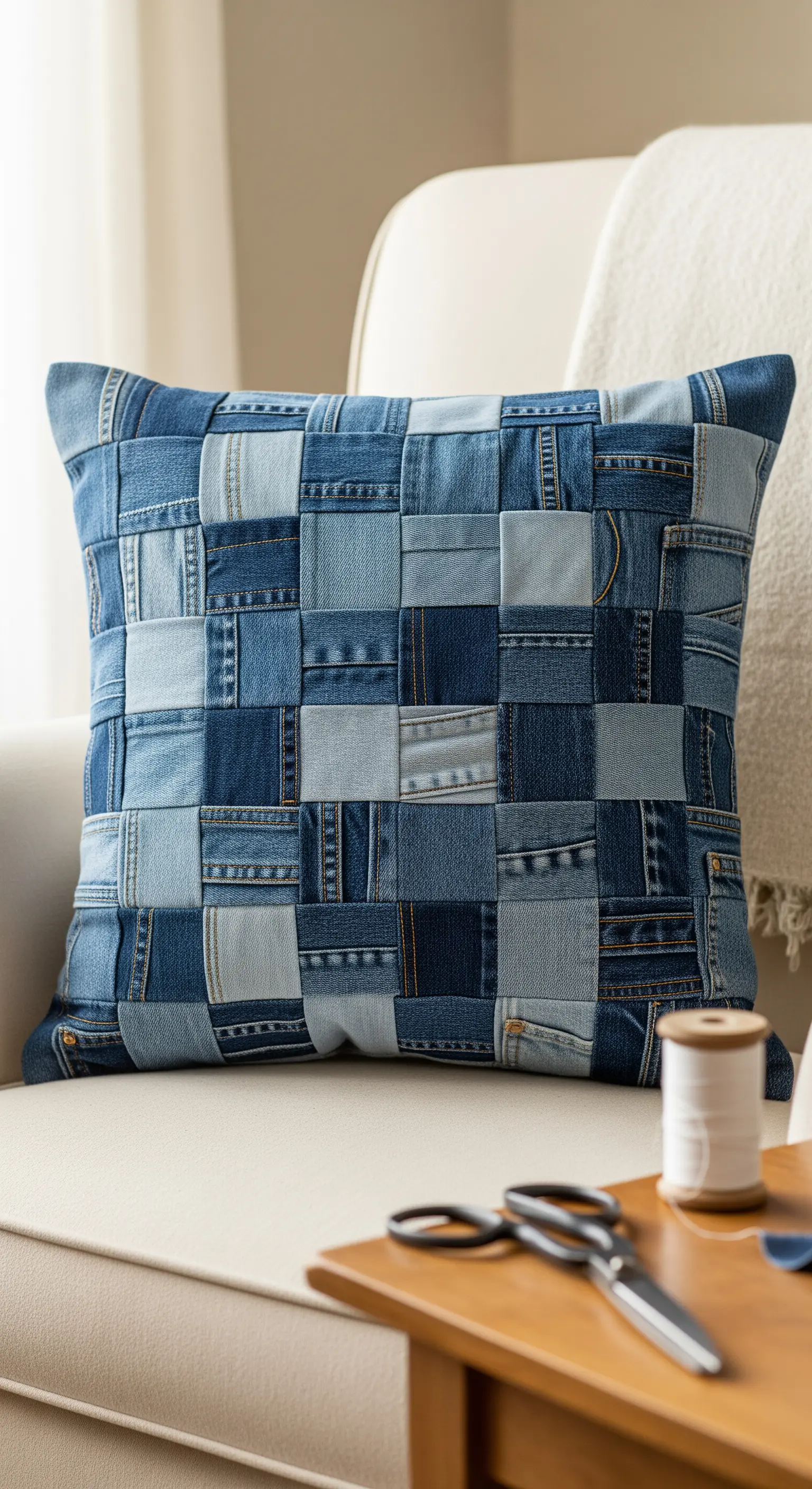 Cuscino patchwork quadrato realizzato con strisce di jeans intrecciate a scacchiera.