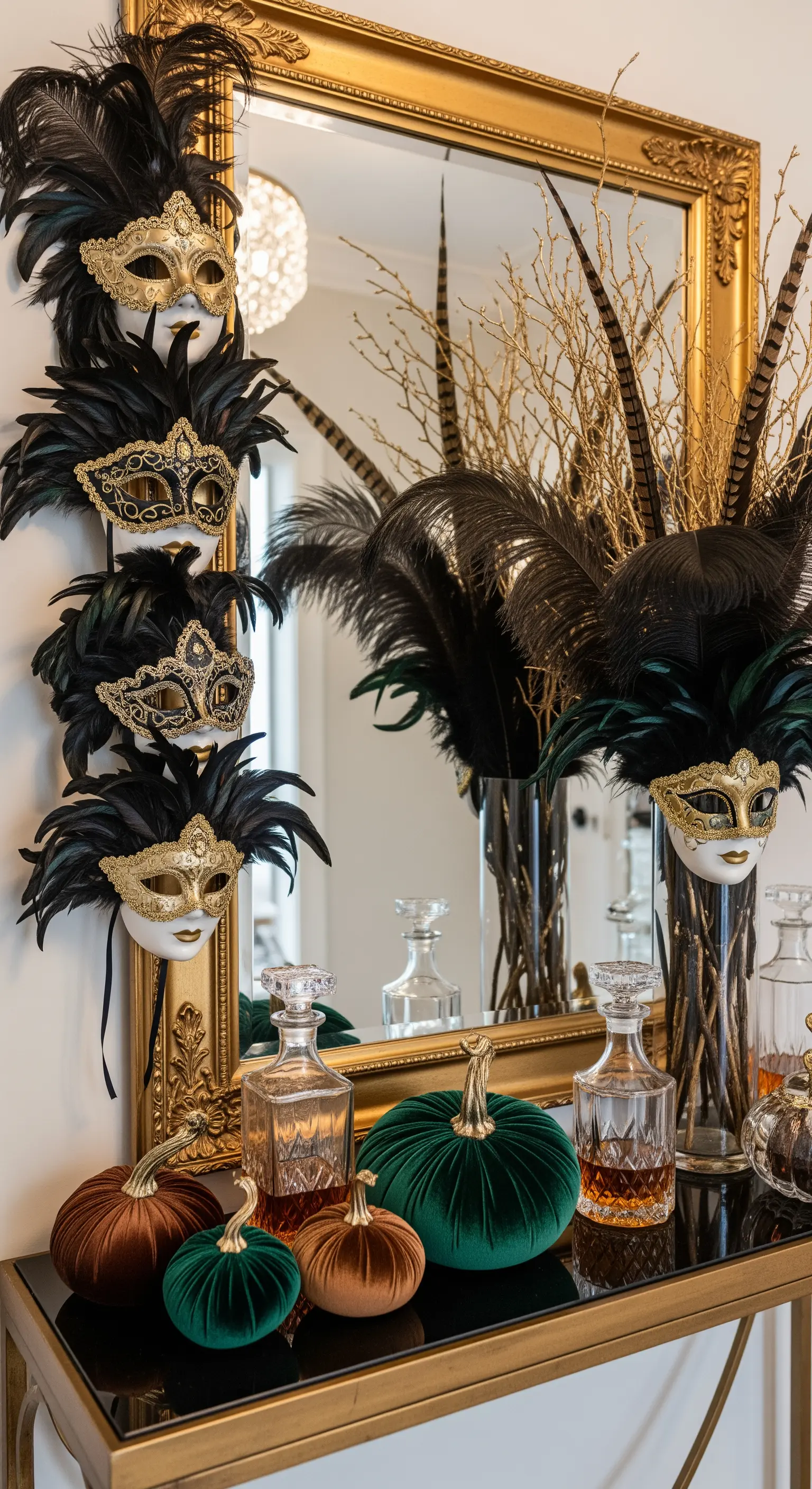 Consolle d'ingresso con maschere veneziane, specchio dorato e zucche in velluto colorate.