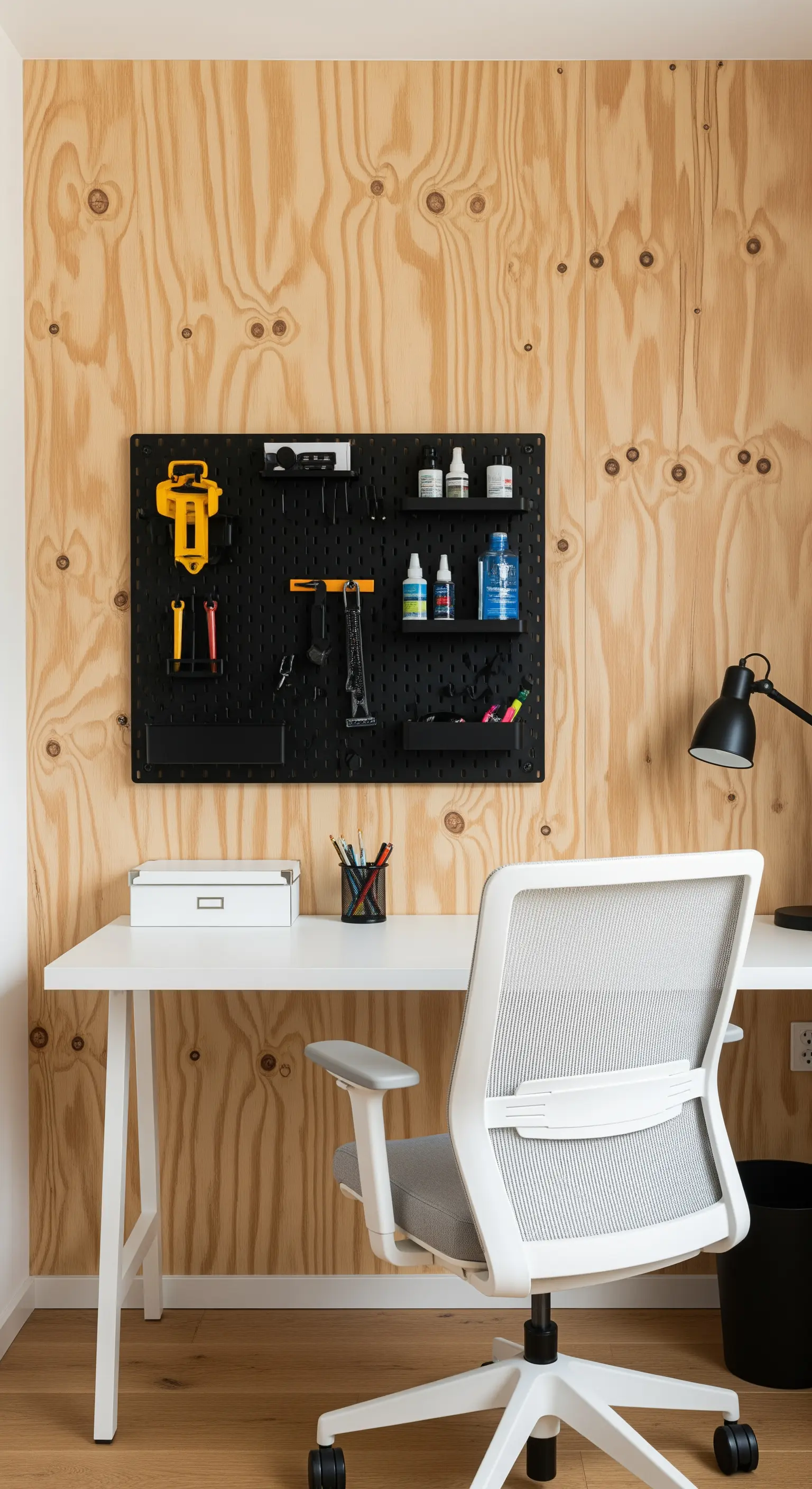 Home office con parete in compensato di pino, scrivania bianca e un pannello forato nero.