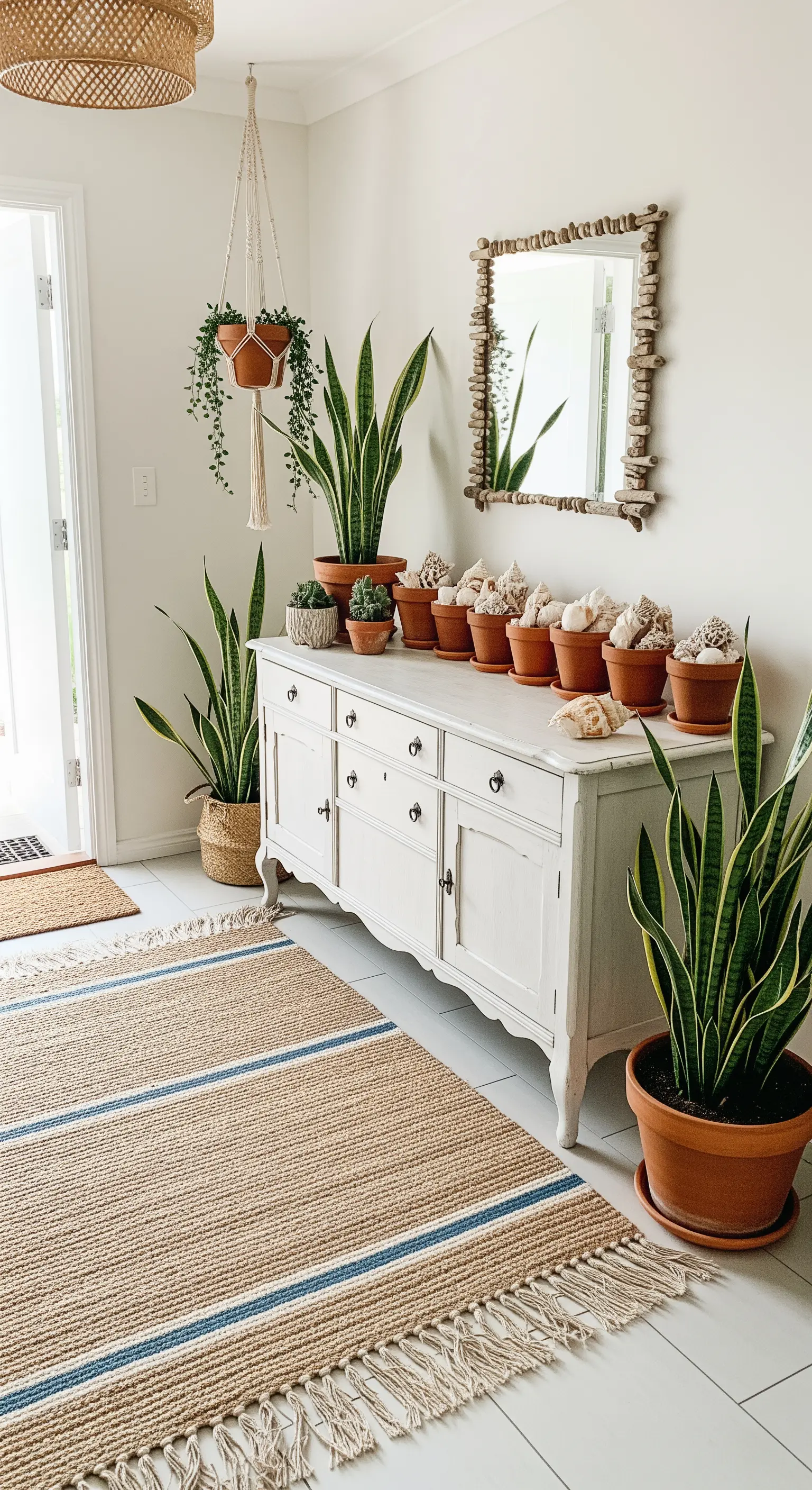 Ingresso in stile boho-coastal con tappeto in juta, credenza bianca e tante piante in vaso.